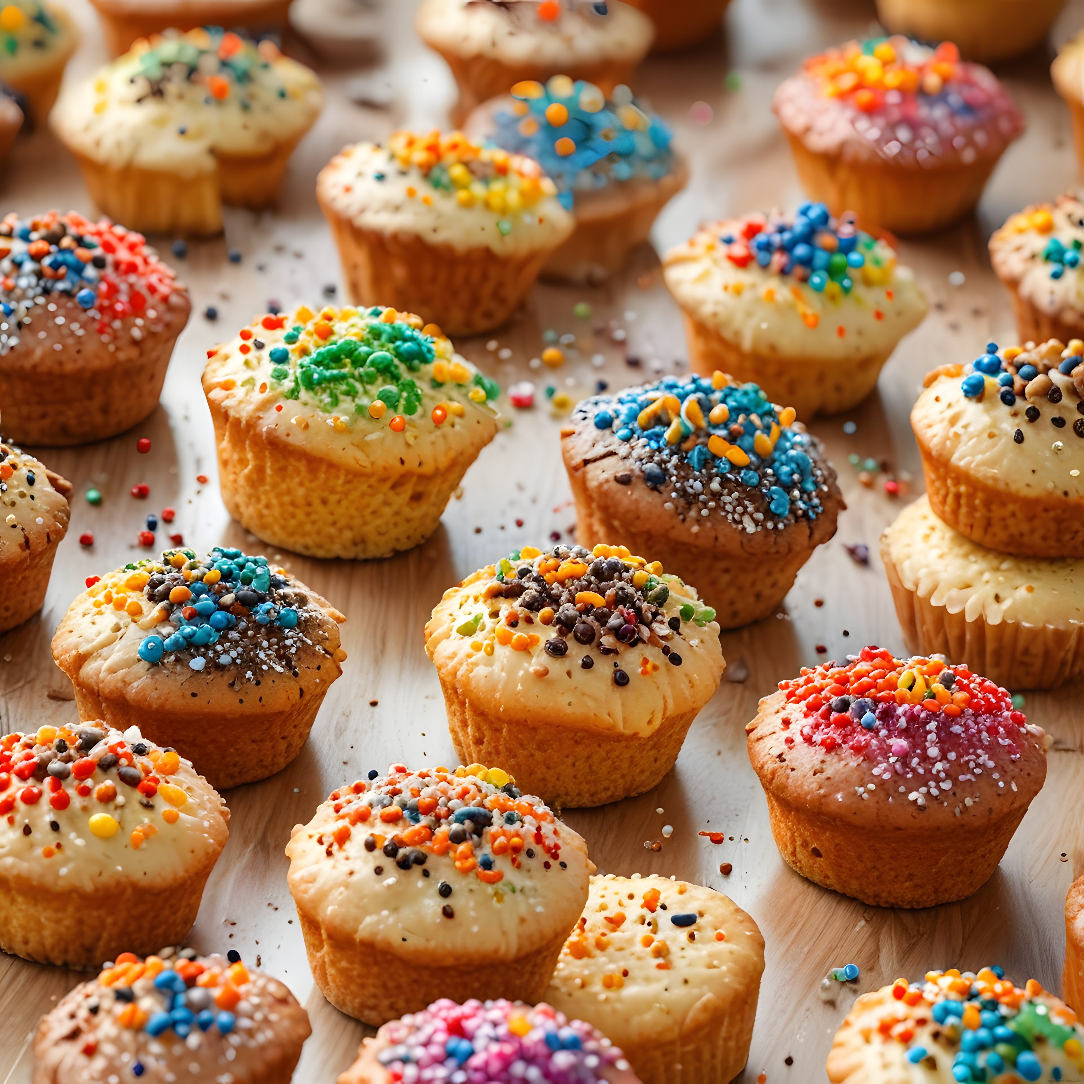 Renkli Sprinklerli Cupcake ve Muffin'ler: Neşeli Tatlı Sunumu Fotoğrafı
