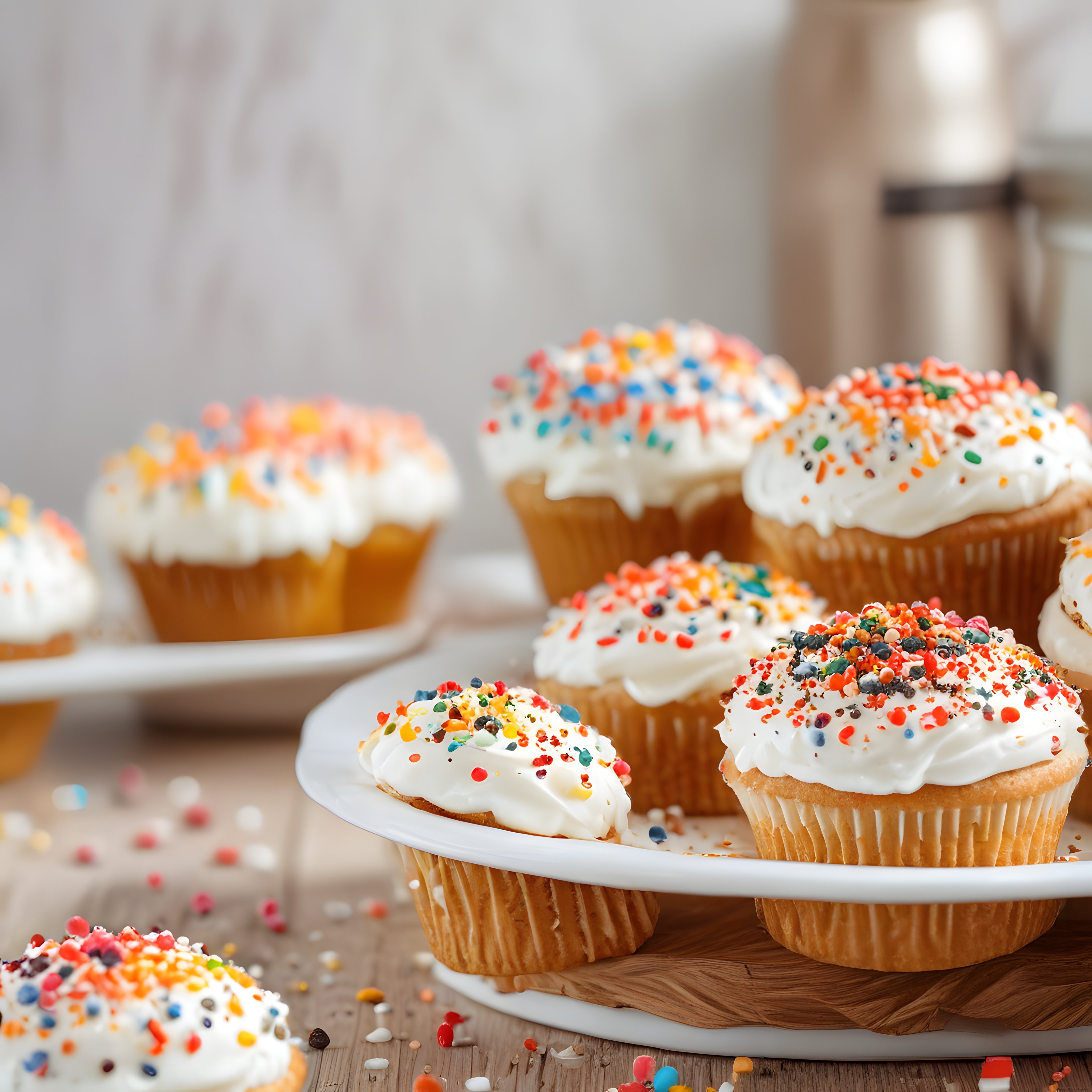 Renkli Sprinkles ve Beyaz Kremalı Kapkekler: Mükemmel Tatlı Masa Sunumu