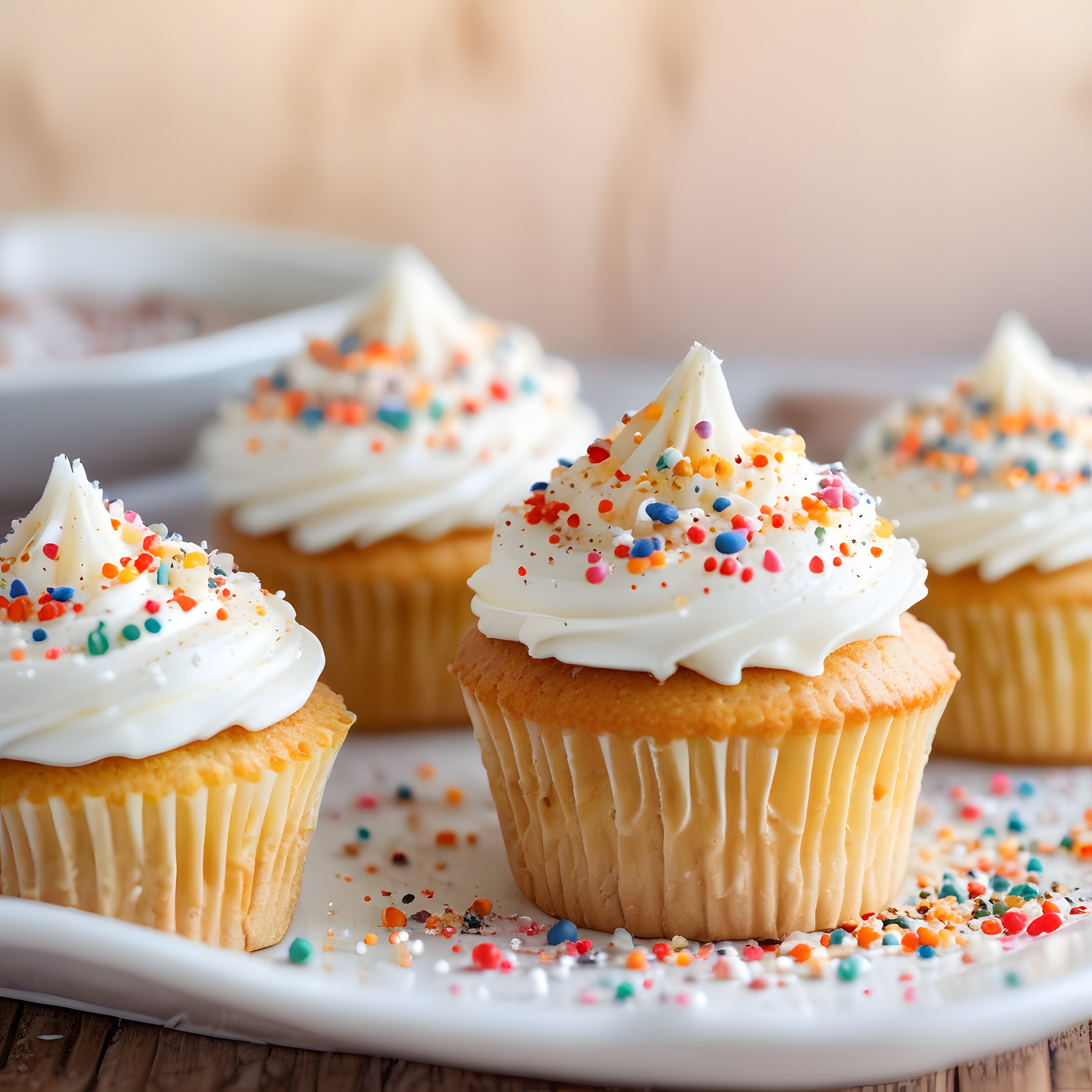 Renkli Sprinkles ve Beyaz Kremalı Taze Cupcake'ler Lezzetli Sunum