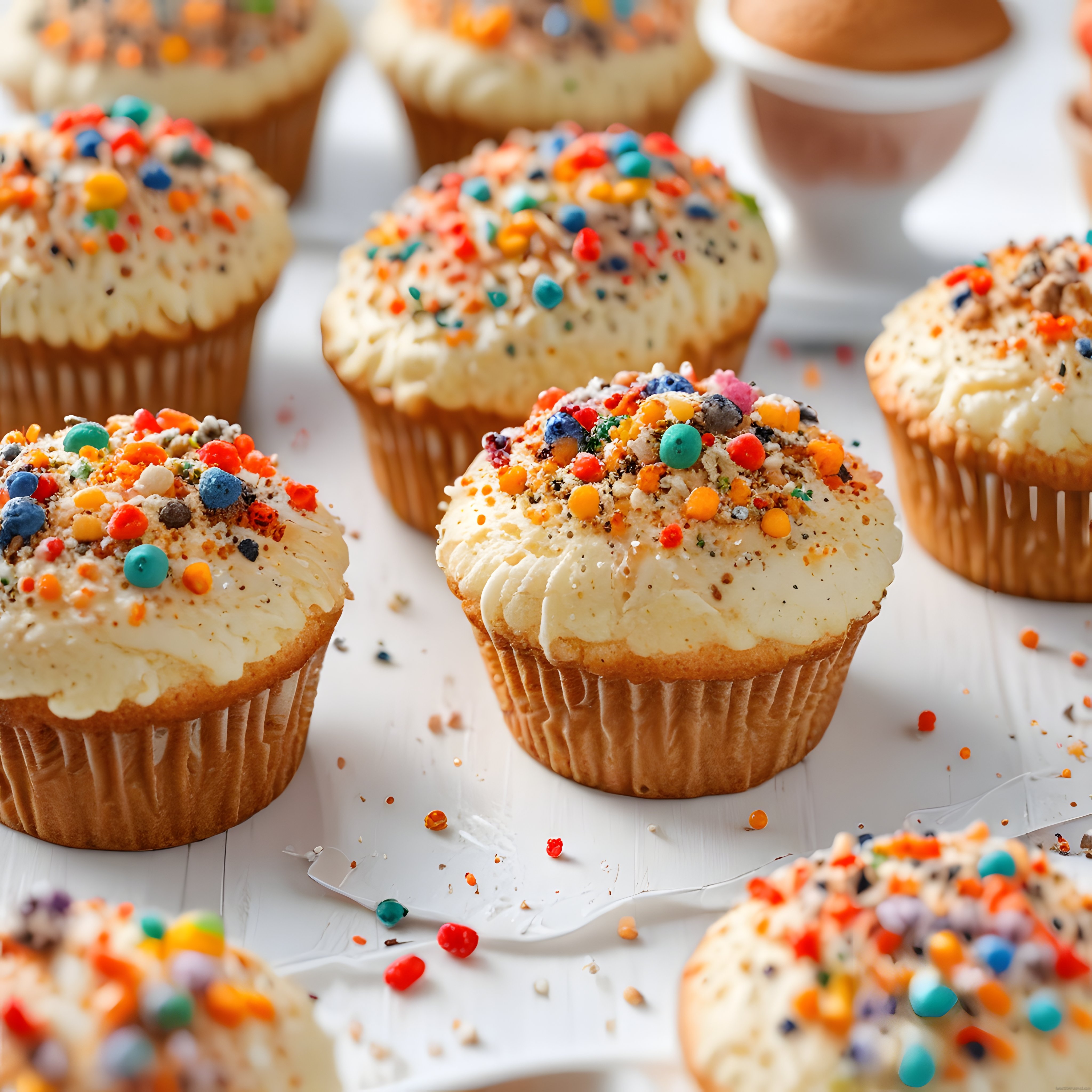 Renkli Sprinkles ve Kremalı Cupcake'ler: Neşeli Tatlı Atıştırmalık Sunumu