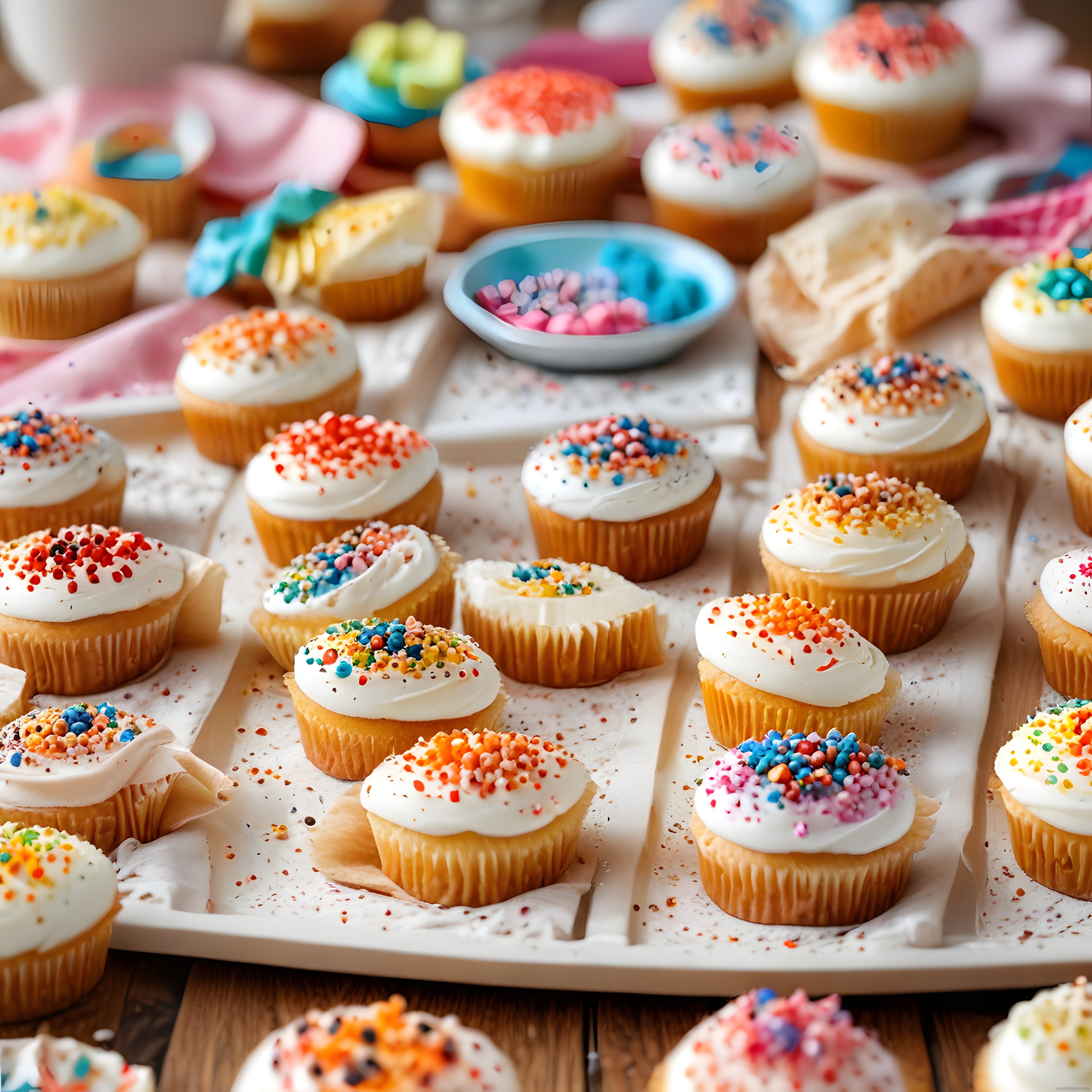 Renkli sprinkles ve kremalı cupcakelerle süslenmiş tatlı sunum masası