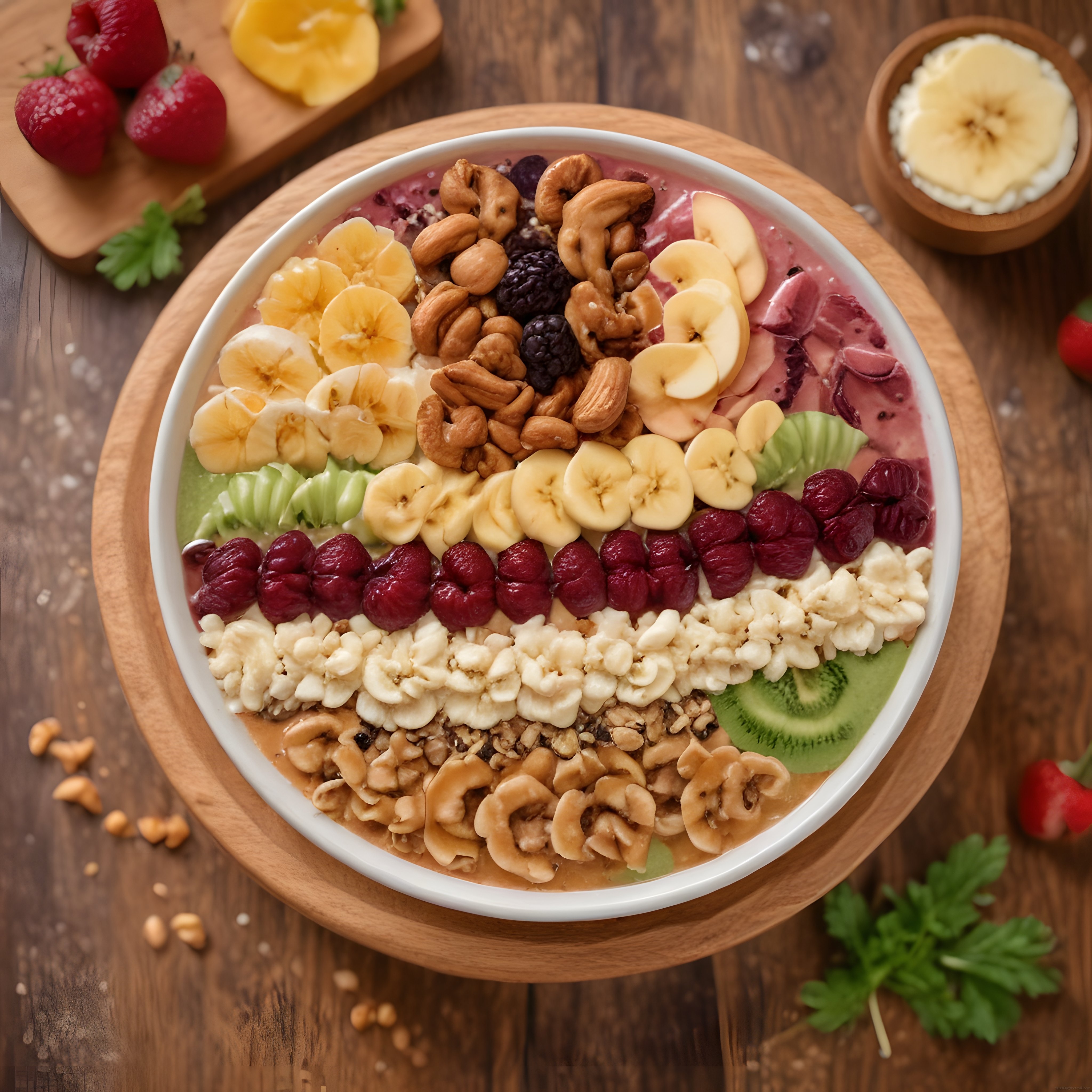 Renkli Süper Besin Smoothie Kasesi: Tropikal Meyveler ve Kuruyemişlerle Sağlıklı Kahvaltı