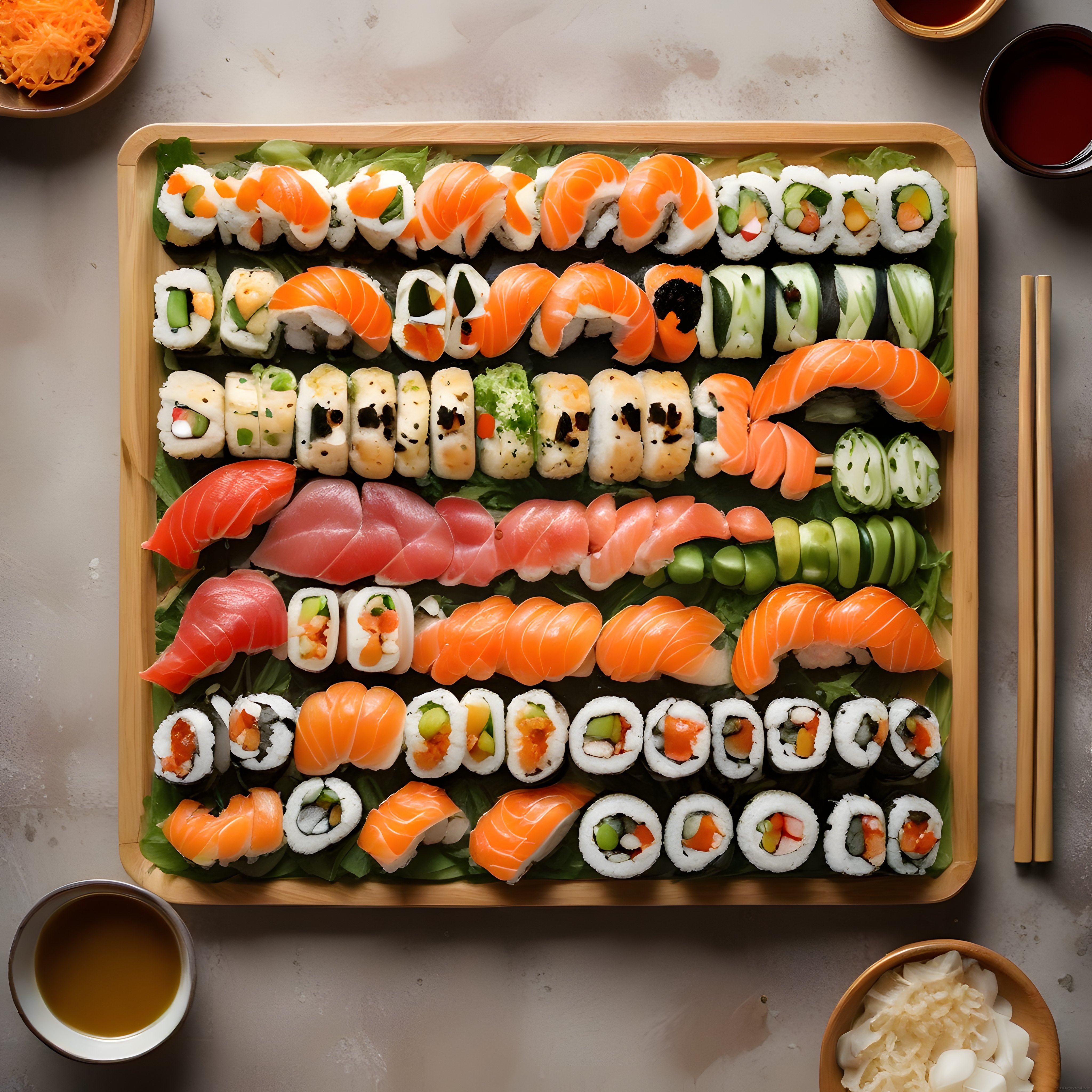 Renkli Sushi Çeşitleriyle Dolu Bambu Tepsi: Japon Mutfağından Eşsiz Tatlar