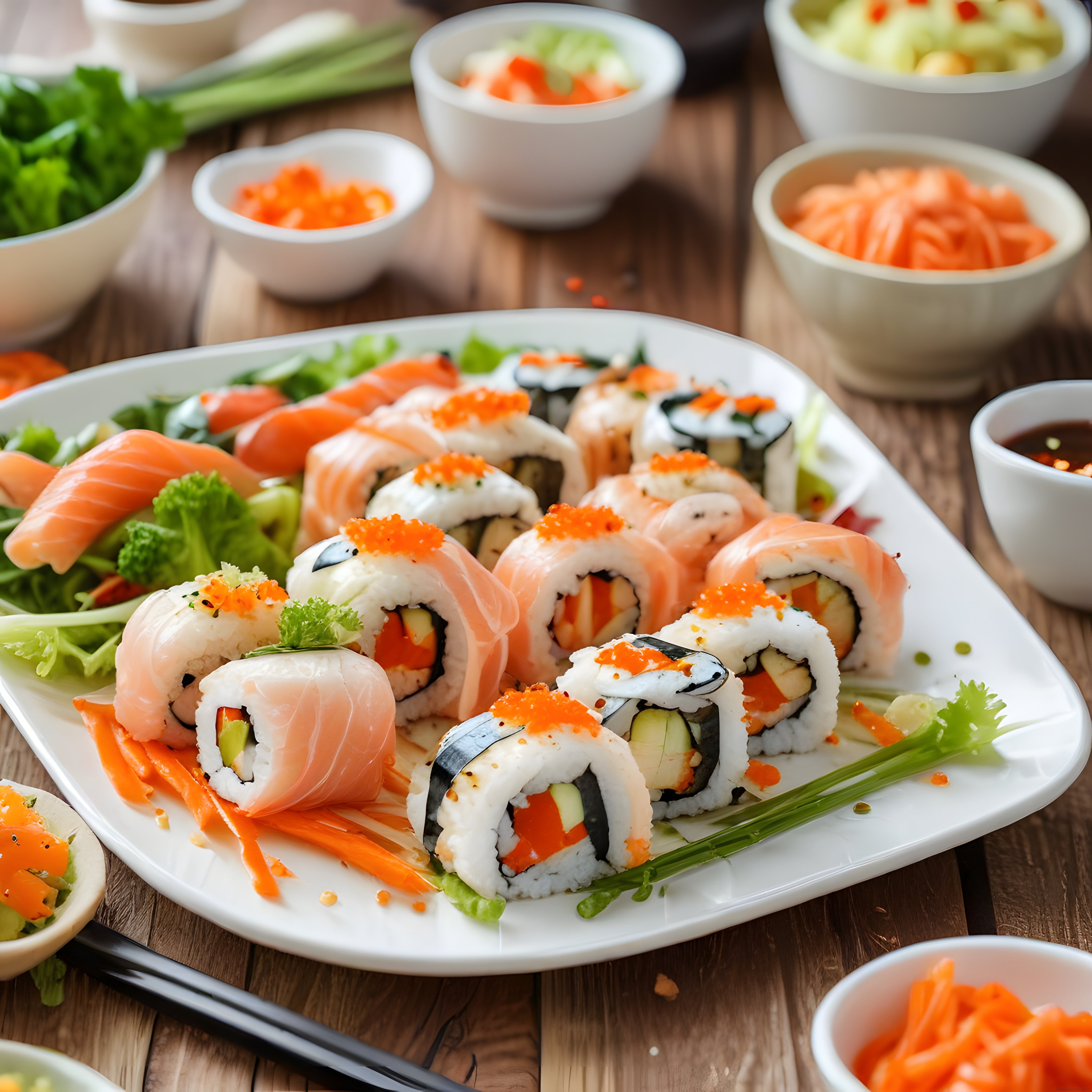 Renkli Sushi Tabağı: Somonlu Maki ve Avokadolu Roll Çeşitleriyle Şık Sunum
