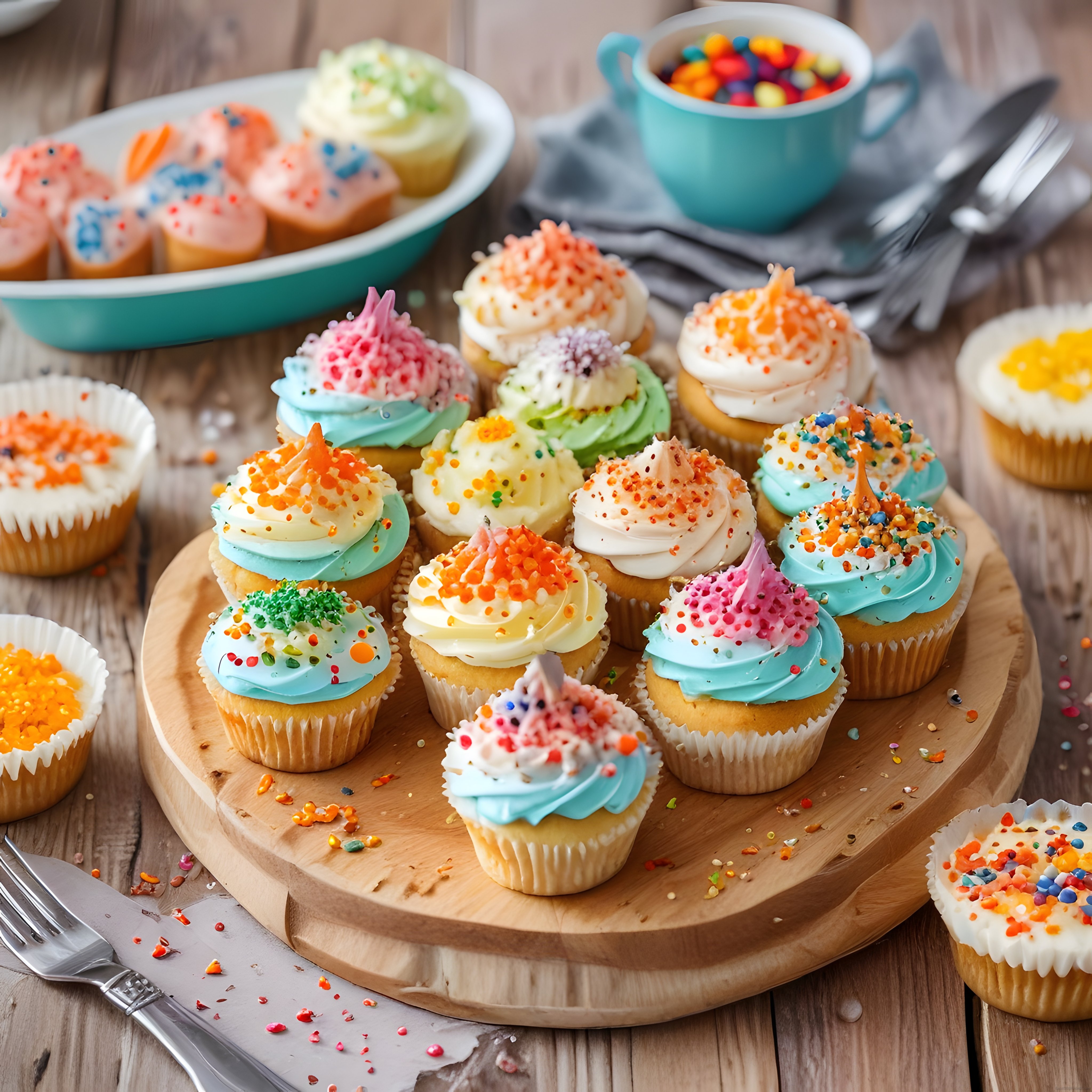 Renkli Süslü Cupcake'lerle Dolu Ahşap Sunum Tahtası ve Tatlı Masa Düzeni