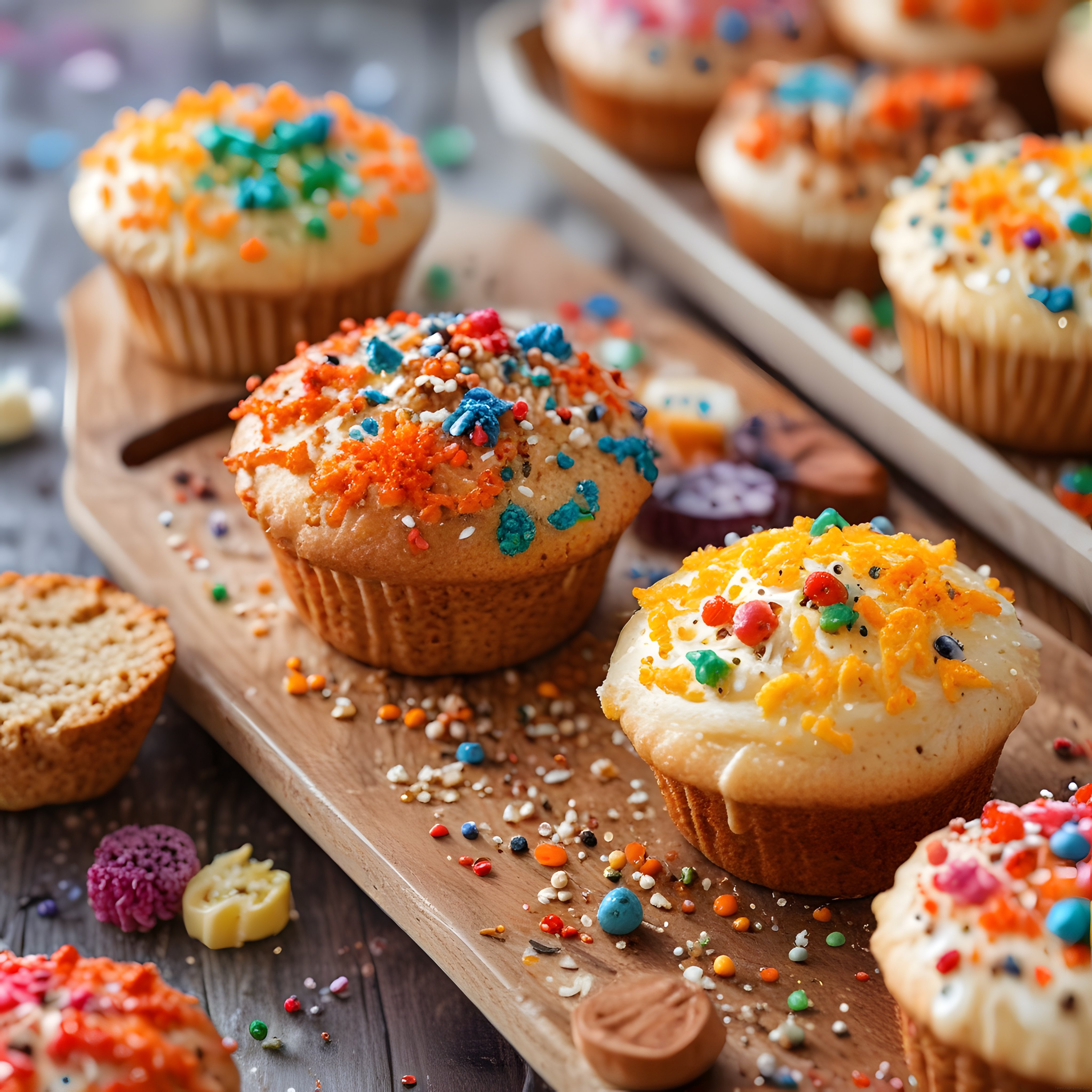 Renkli Süslü Cupcakeler ve Şekerlemelerle Dolu Neşeli Tatlı Sunum
