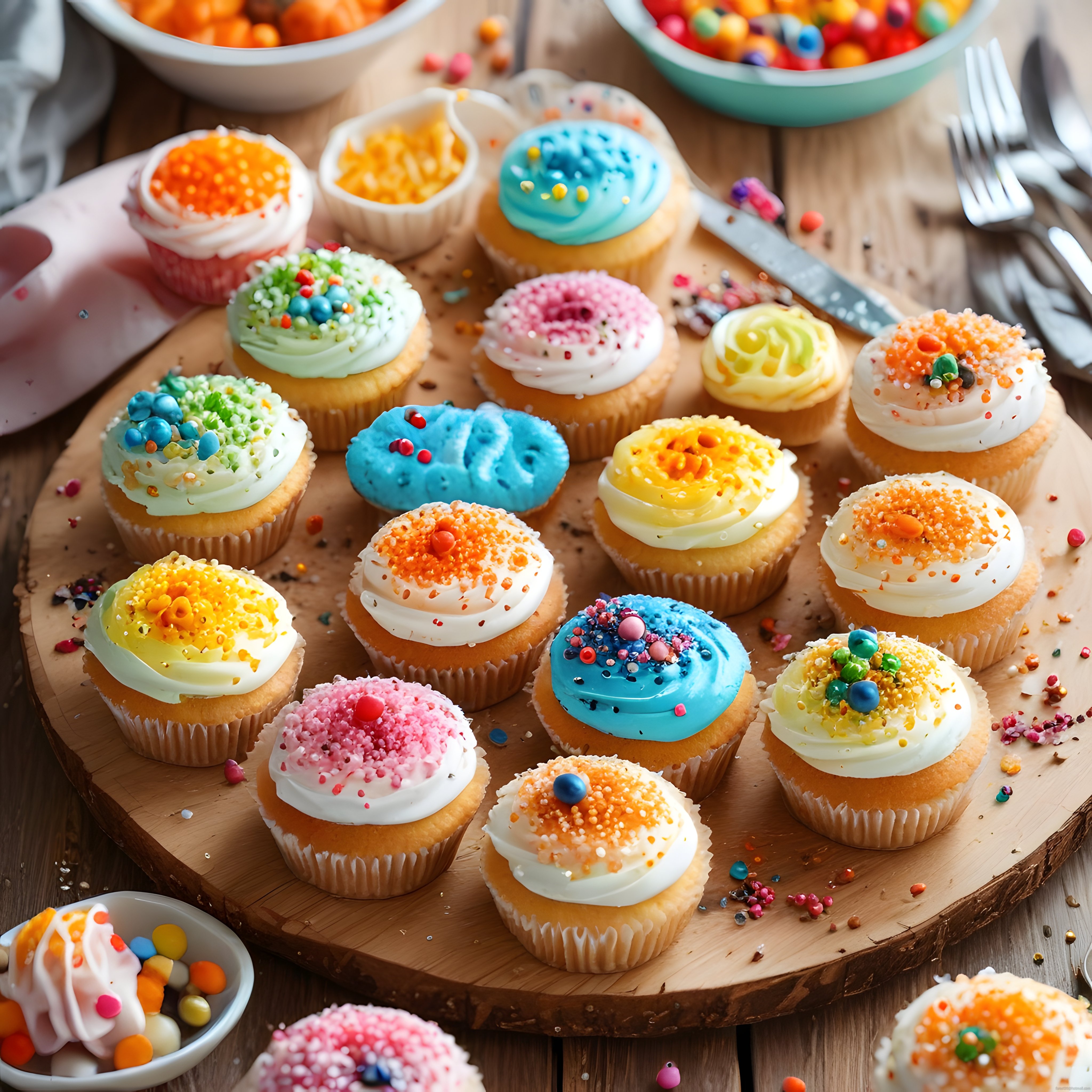 Renkli Süslü Cupcakelerle Dolu Doğal Ahşap Sunum Tahtası ve Tatlı Masa Düzeni