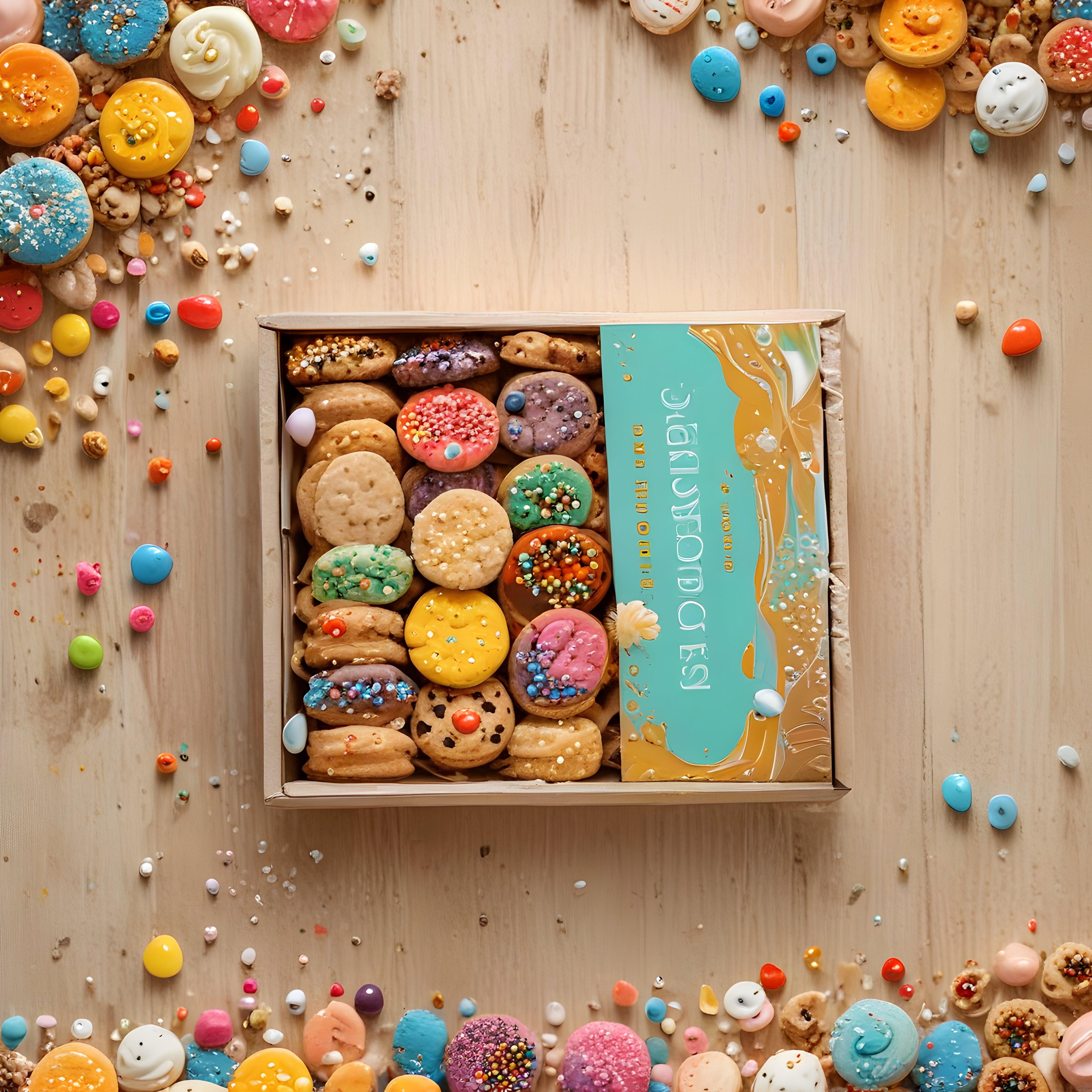 Renkli Süslü Mini Donut ve Kurabiye Kutusu, Ahşap Arka Plan Üzerinde