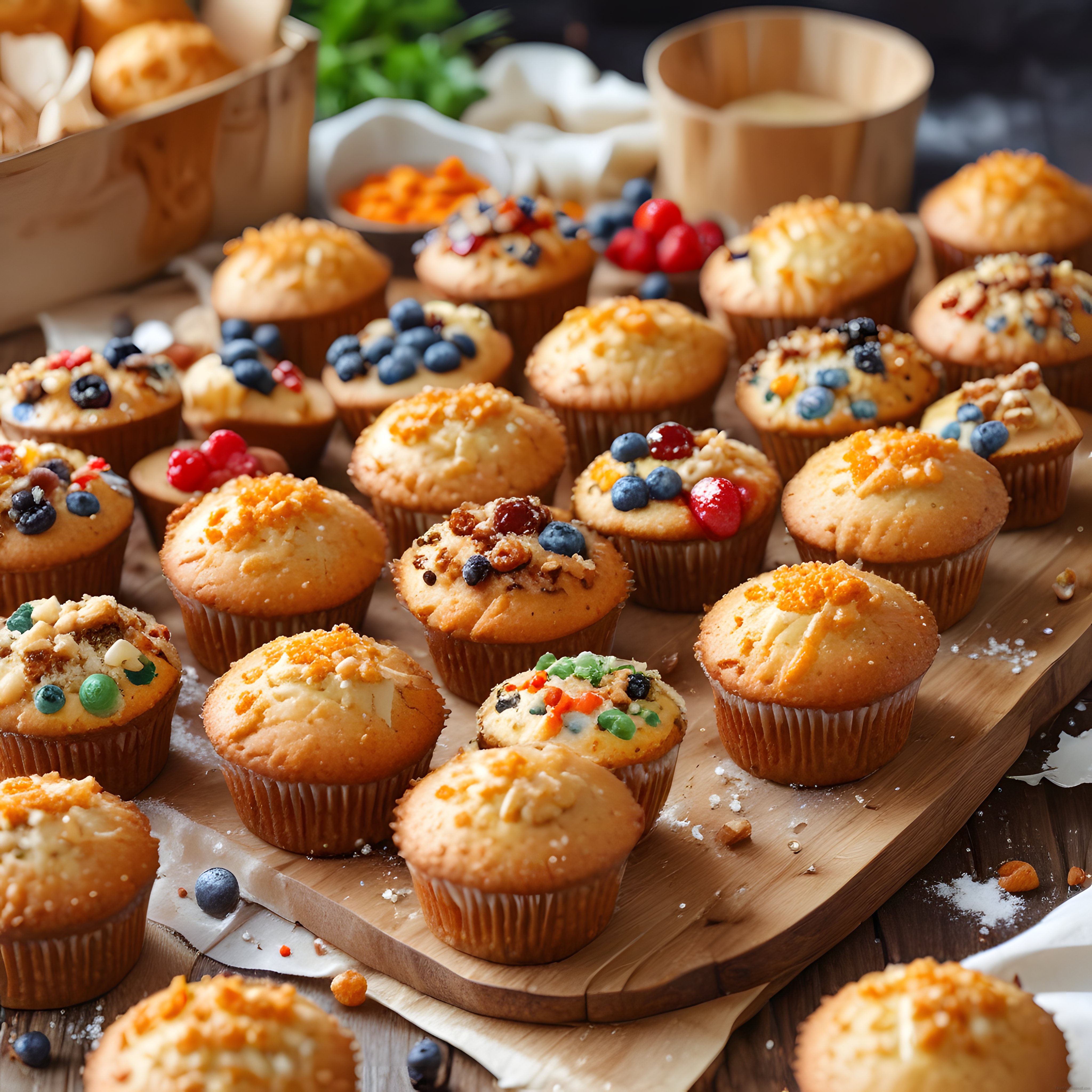 Renkli Süslü Muffinler: Ahşap Sunum Tahtasında Taze Atıştırmalıklar