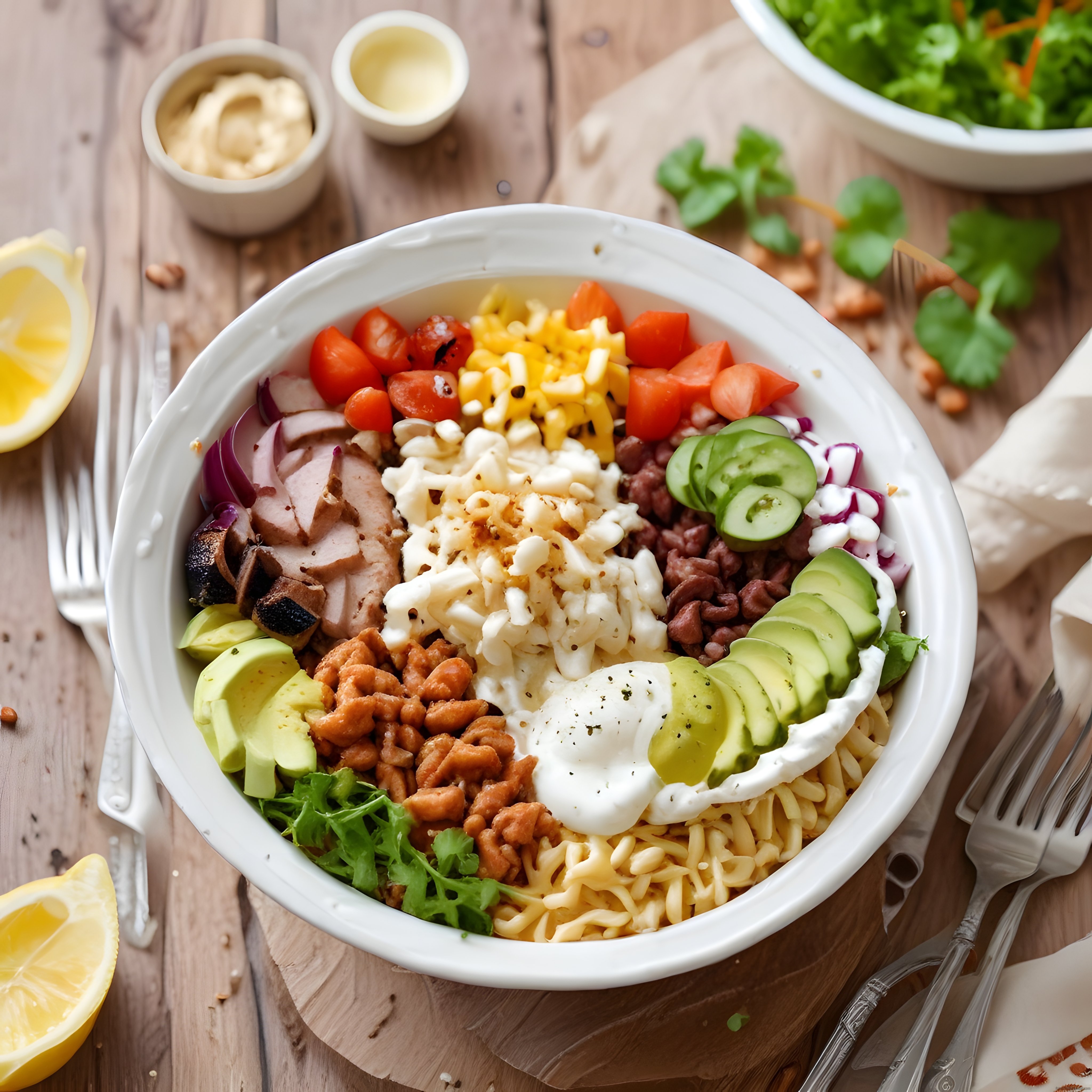 Renkli Tahıl Kasesi: Avokadolu, Tavuklu ve Taze Sebzeli Nefis Salata