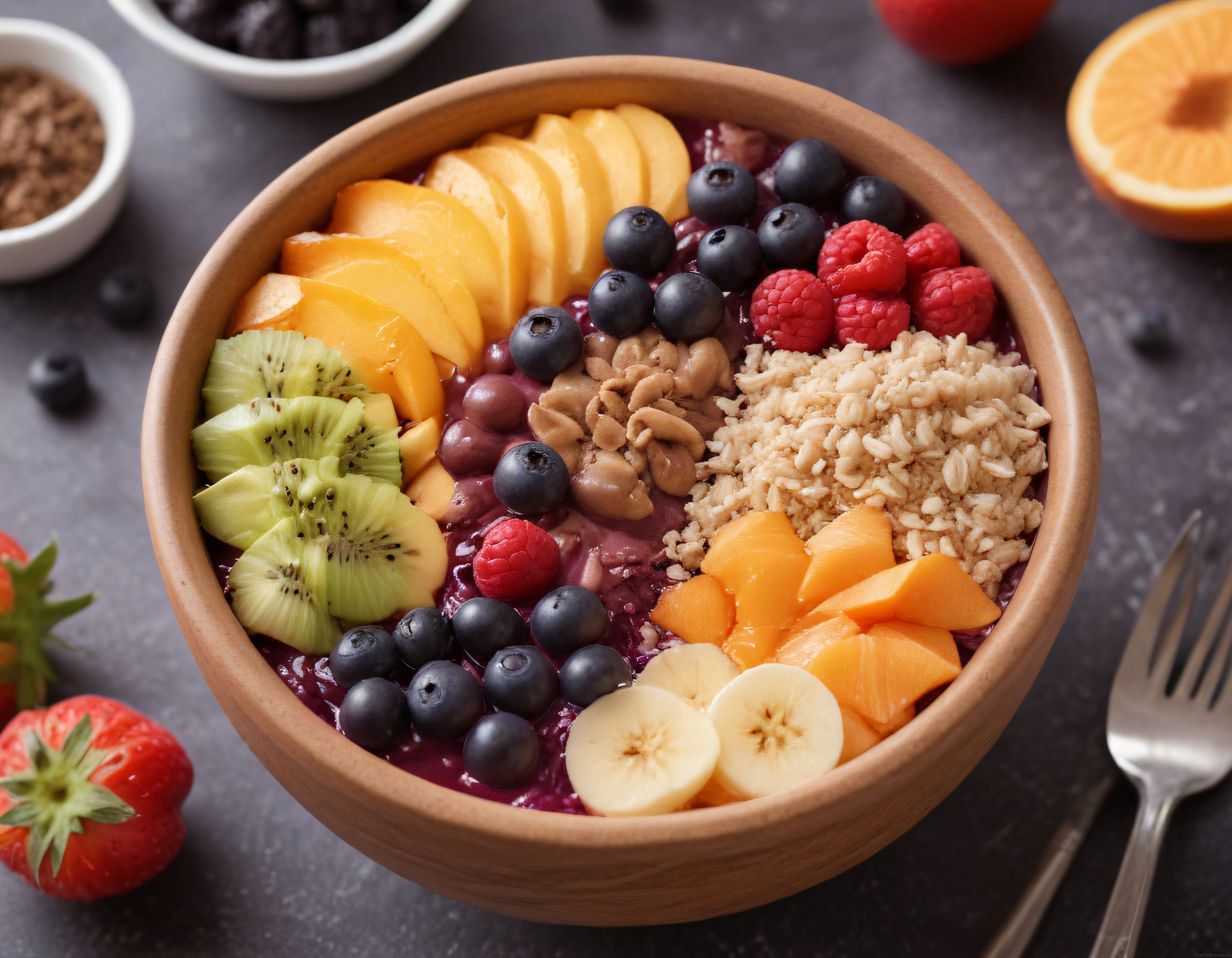 Renkli taze meyveler ve granola ile süslenmiş sağlıklı açaí smoothie kasesi