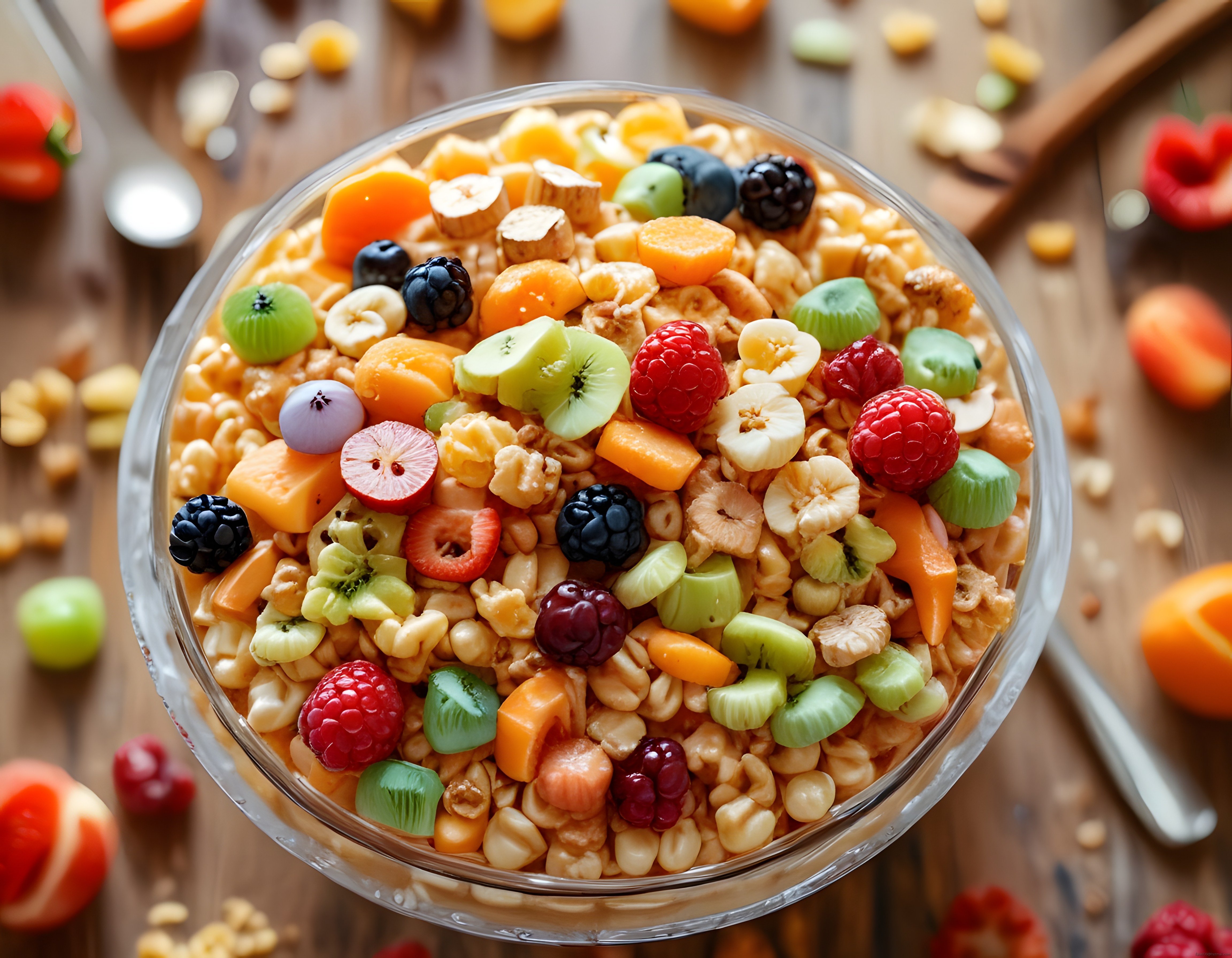 Renkli taze meyveli ve kuruyemişli sağlıklı kahvaltılık granola kasesi