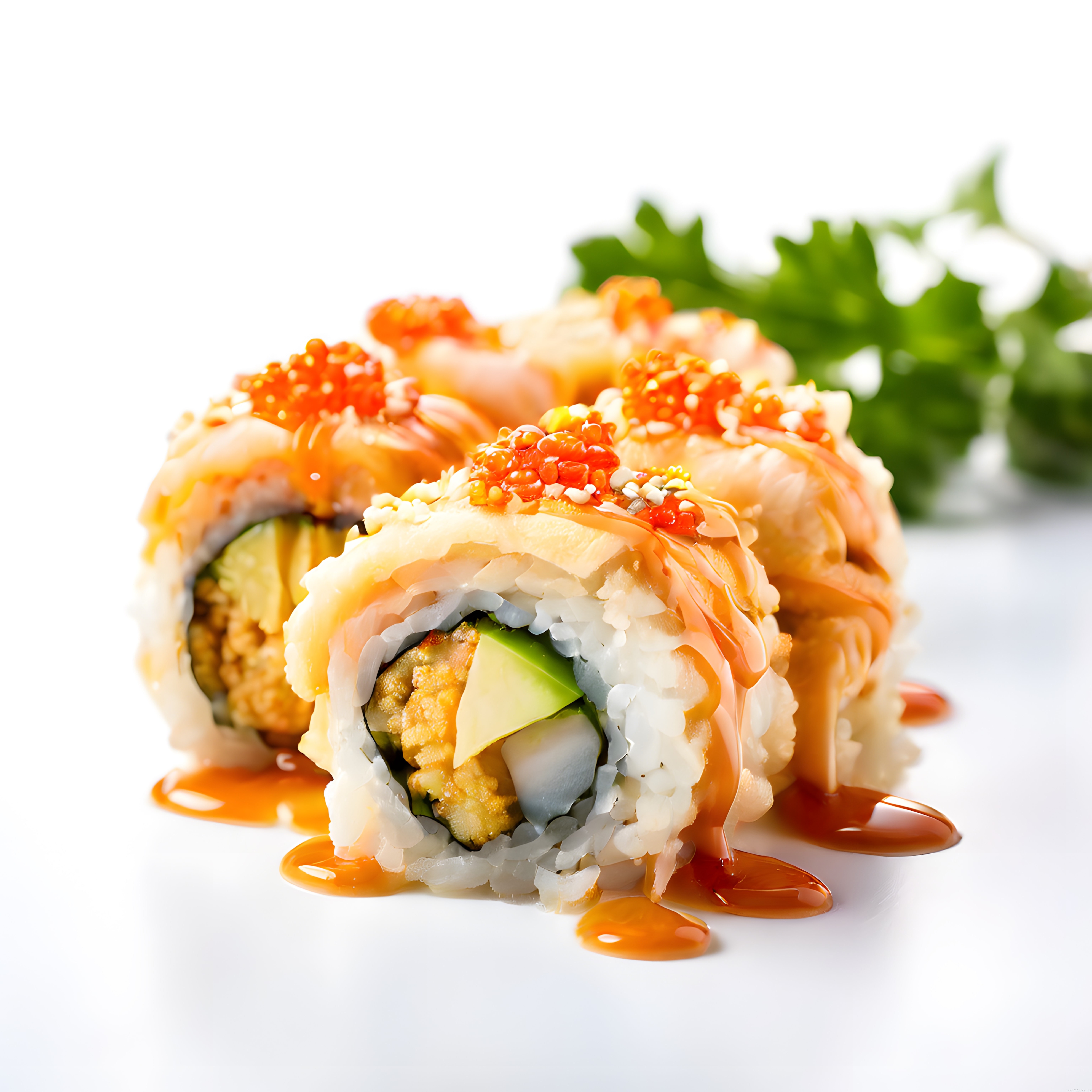 Renkli Tobiko Havyarlı Somon Kaplamalı Avokadolu Gourmet Sushi Sunumu