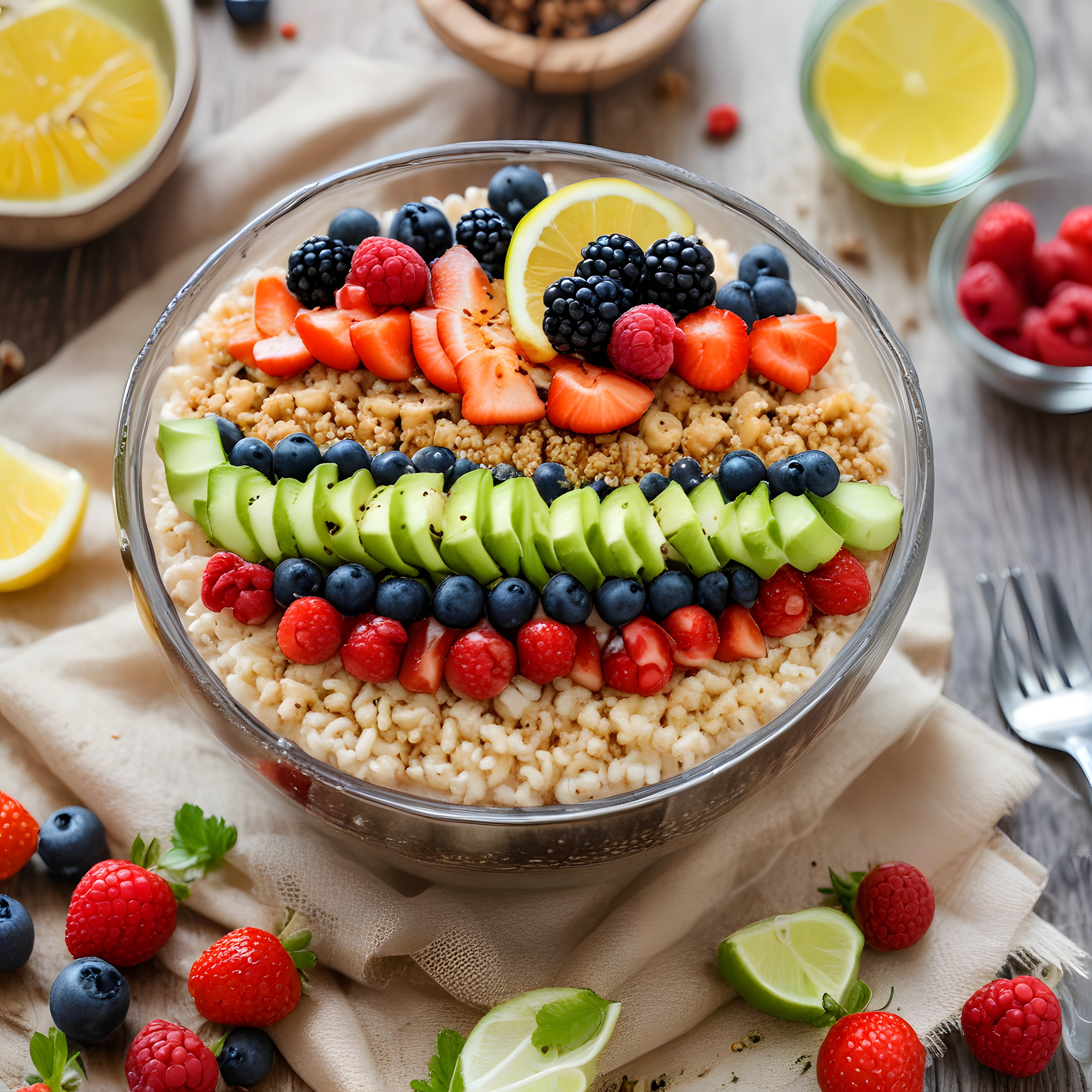 Renkli Tropikal Meyveler ve Avokado ile Süslenmiş Sağlıklı Smoothie Bowl