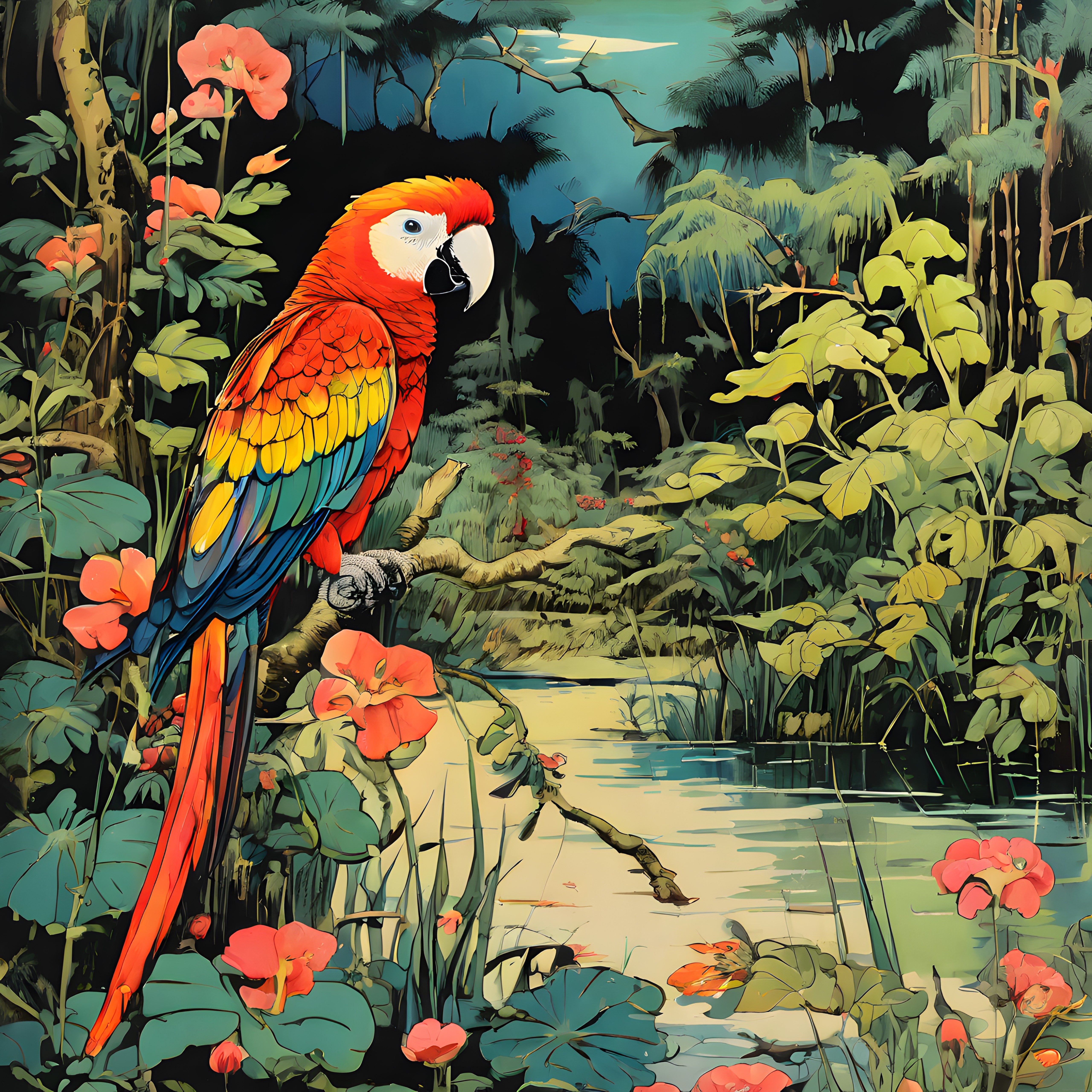 Renkli Tropikal Ormanda Bir Scarlet Macaw Papağanın Büyüleyici Görseli