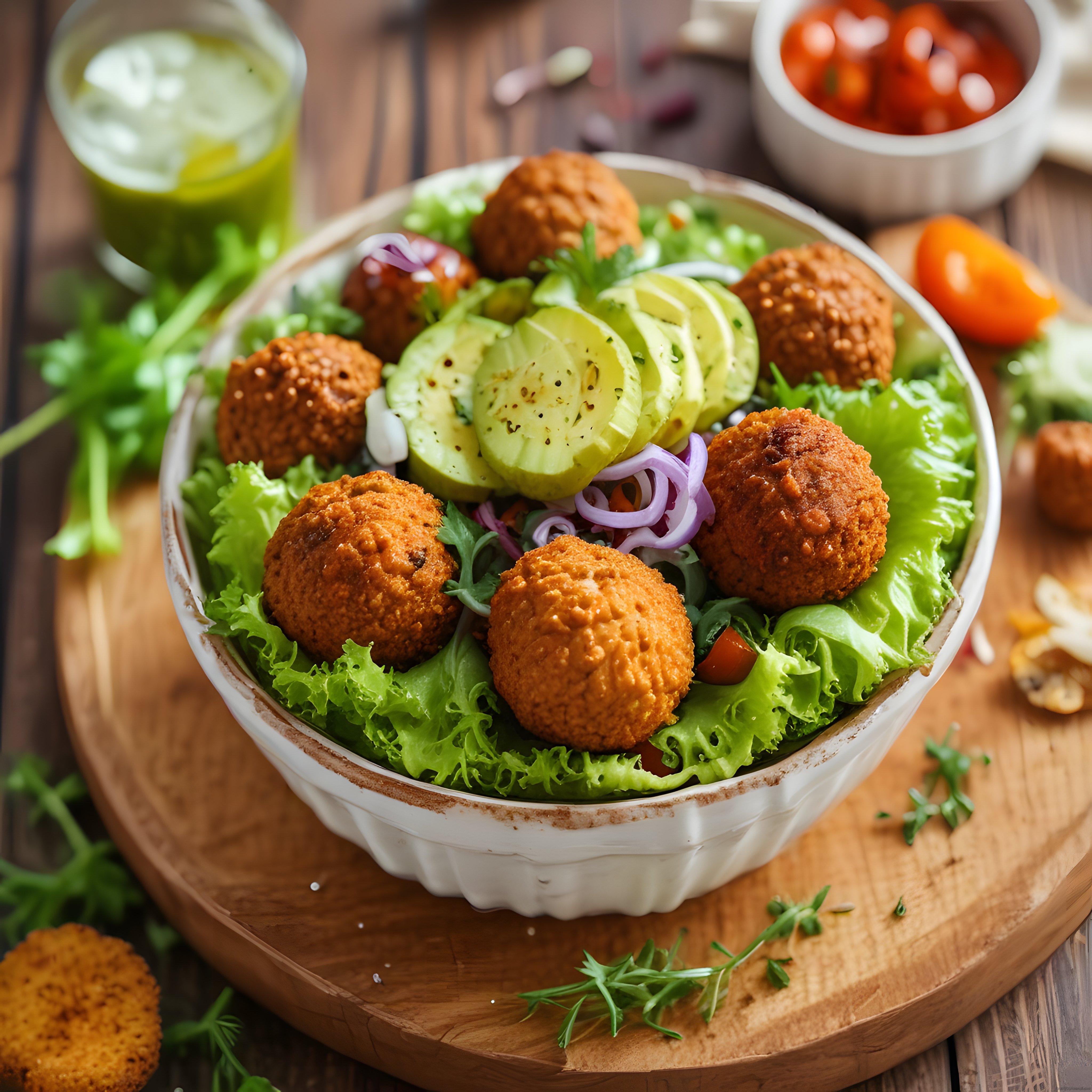 Renkli ve Besleyici Falafel Kasesi: Sağlıklı Vegan Salata Sunumu