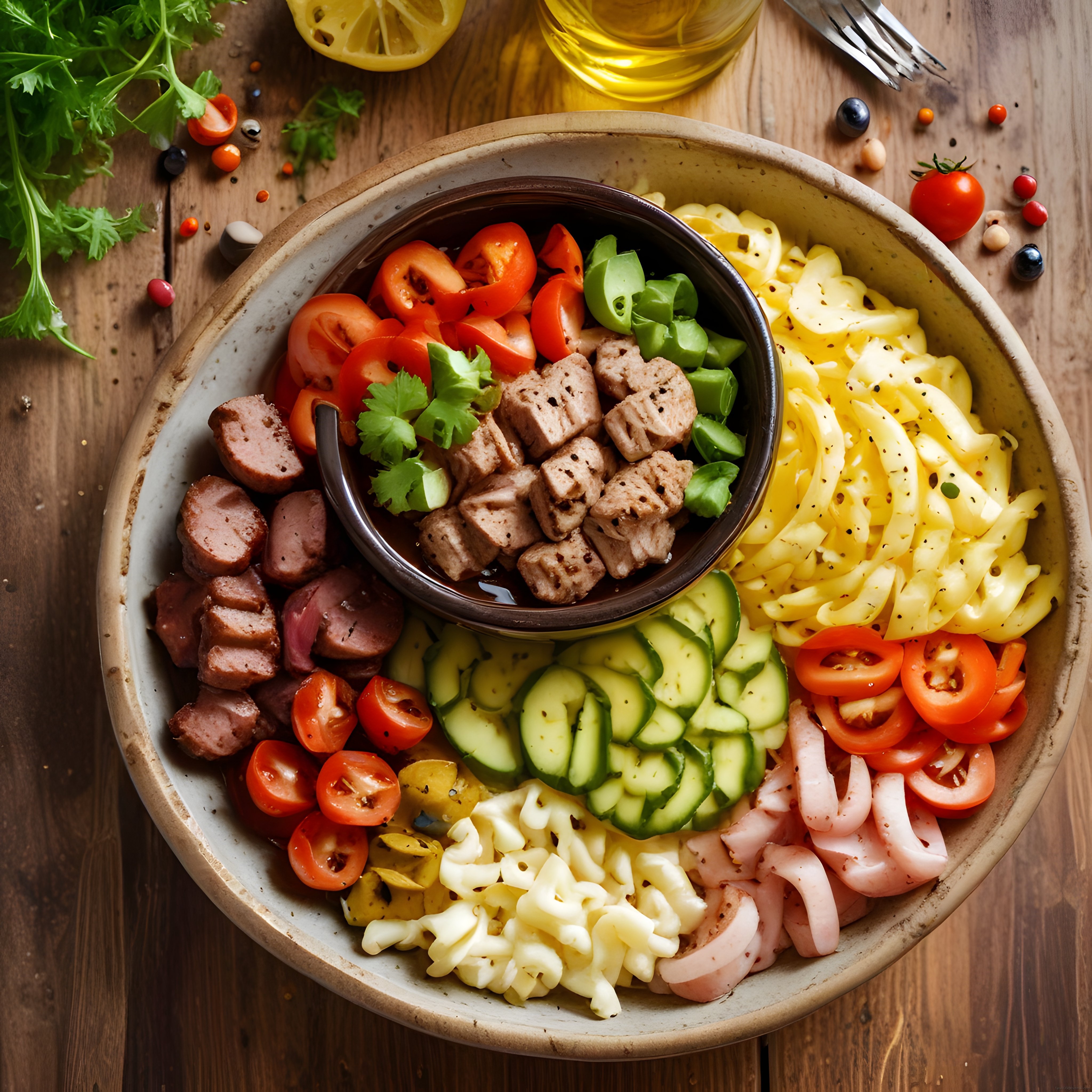 Renkli ve Besleyici Salata Kasesi: Taze Sebzeler Makarna ve Gurme Etkiler