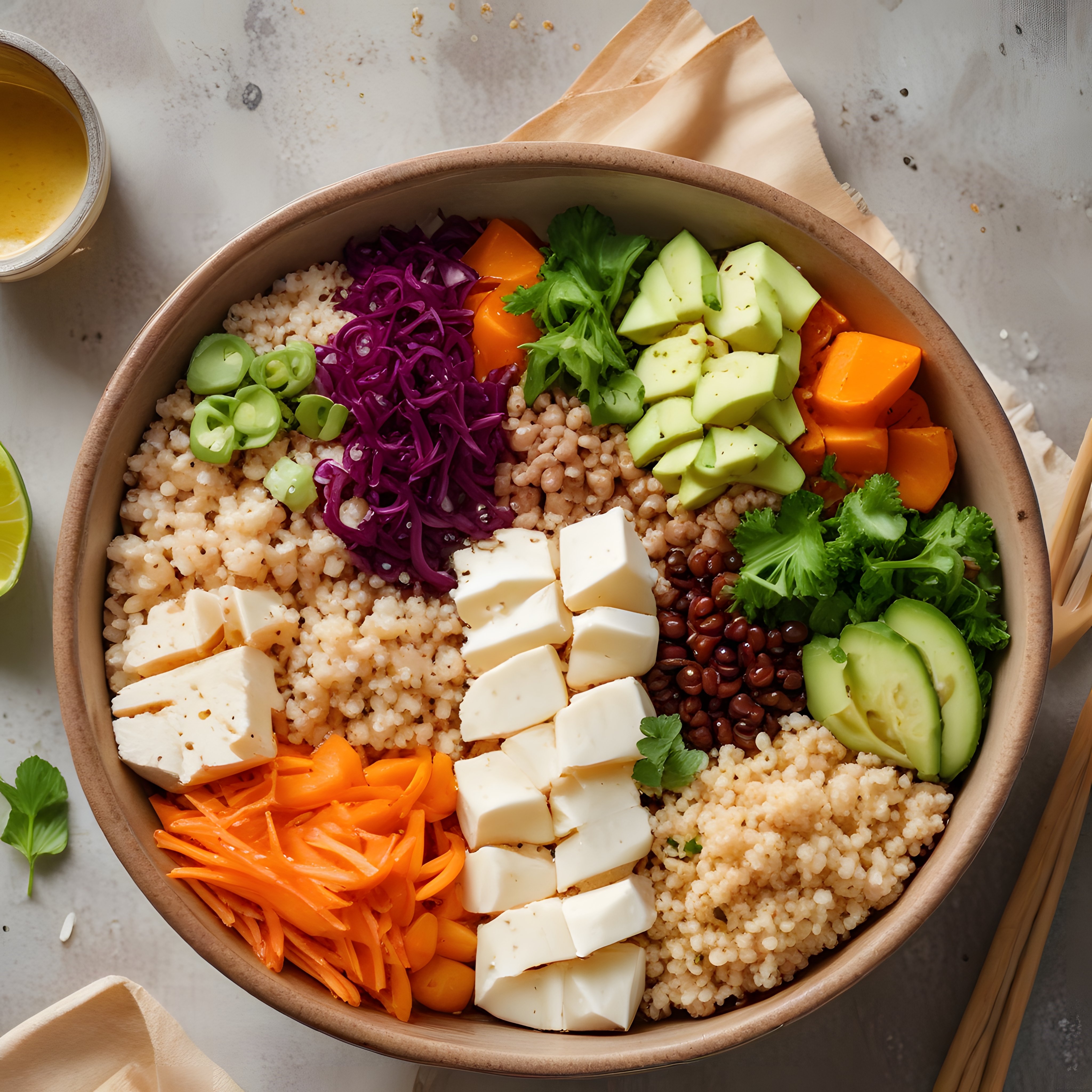 Renkli ve Besleyici Vegan Buddha Kasesi: Tofu Avokado ve Tahıllı Salata