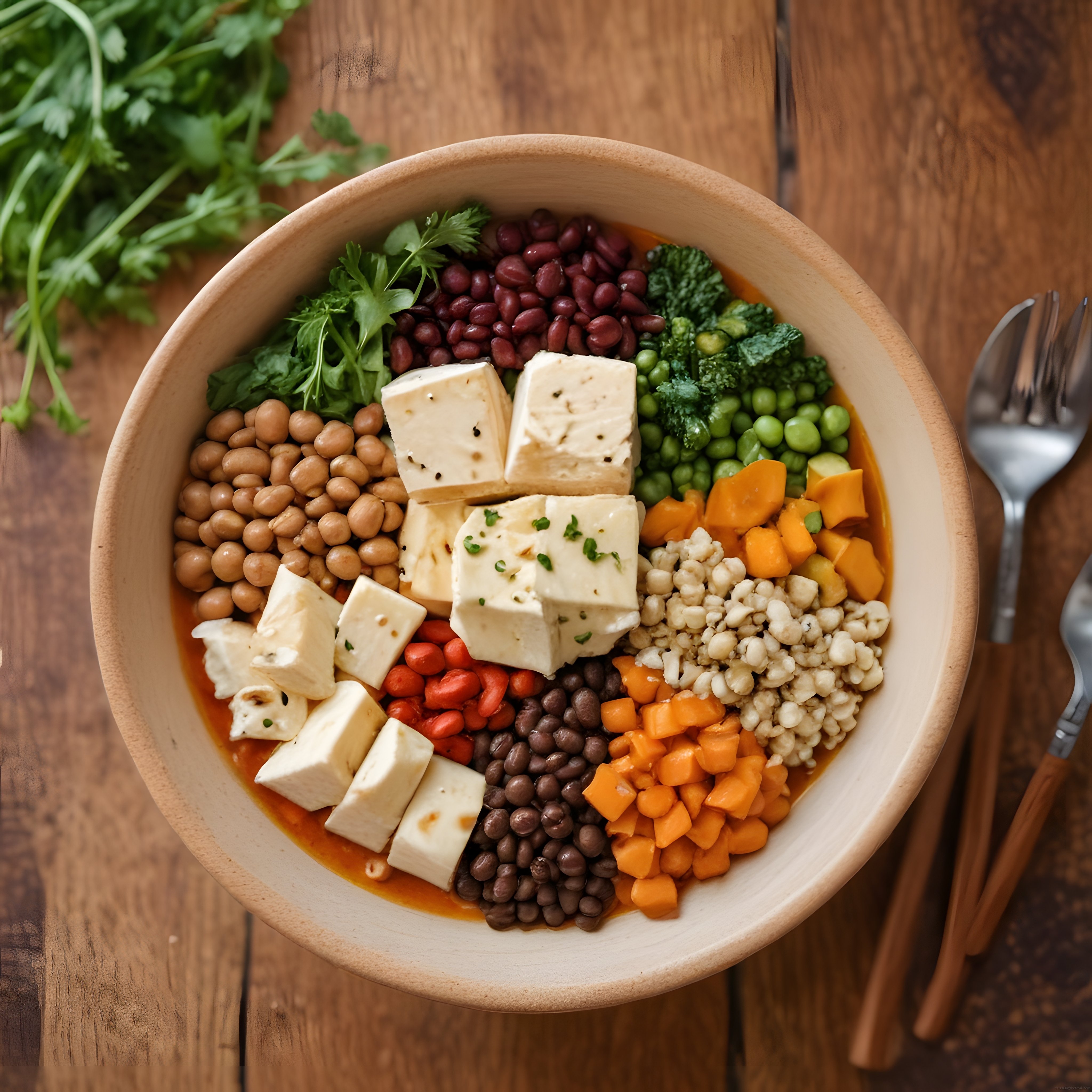 Renkli ve Besleyici Vegan Buddha Kasesi: Tofu, Baklagiller ve Taze Sebzeler