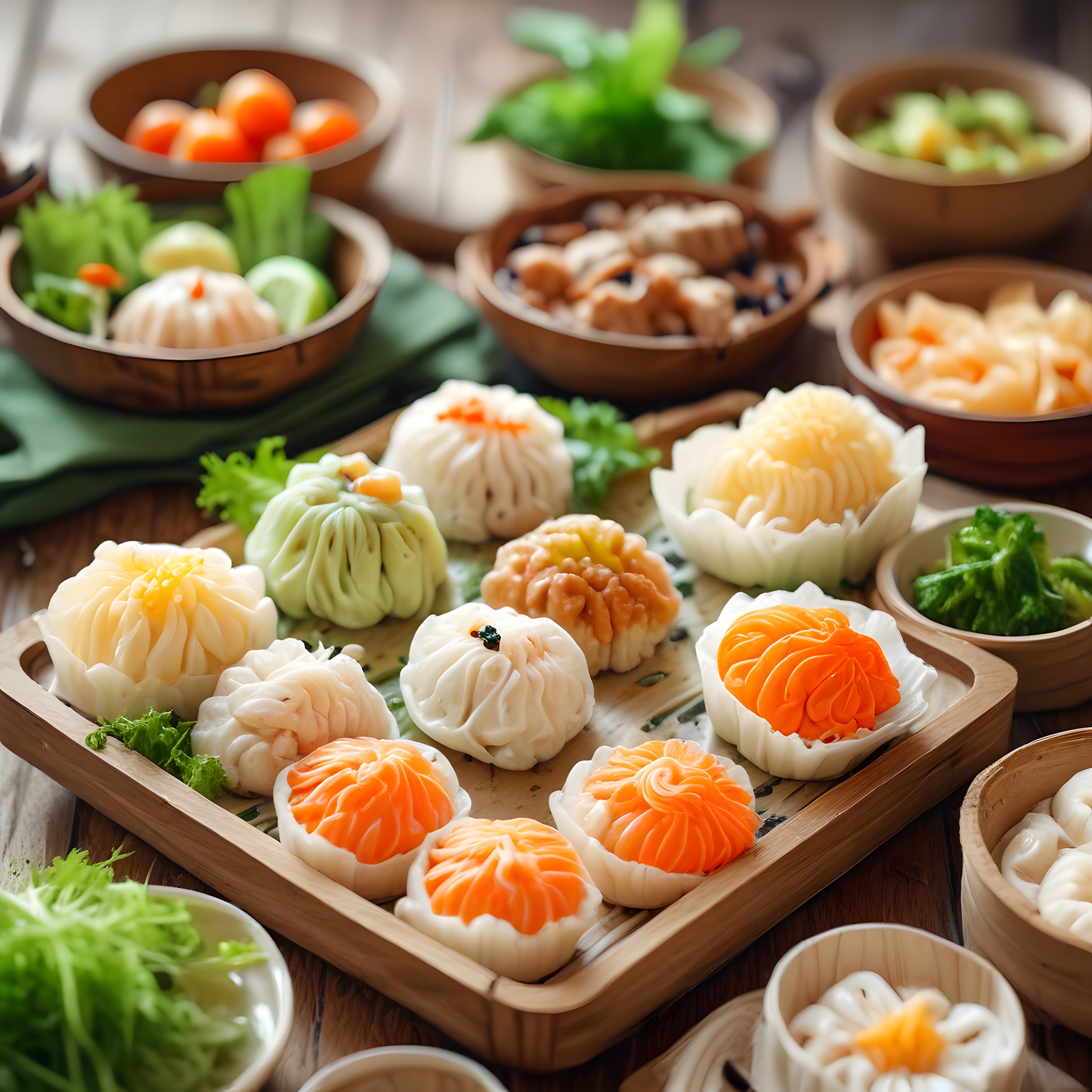 Renkli ve Özenle Katlanmış Asya Mantıları: Dim Sum Sanatı Ahşap Tepside