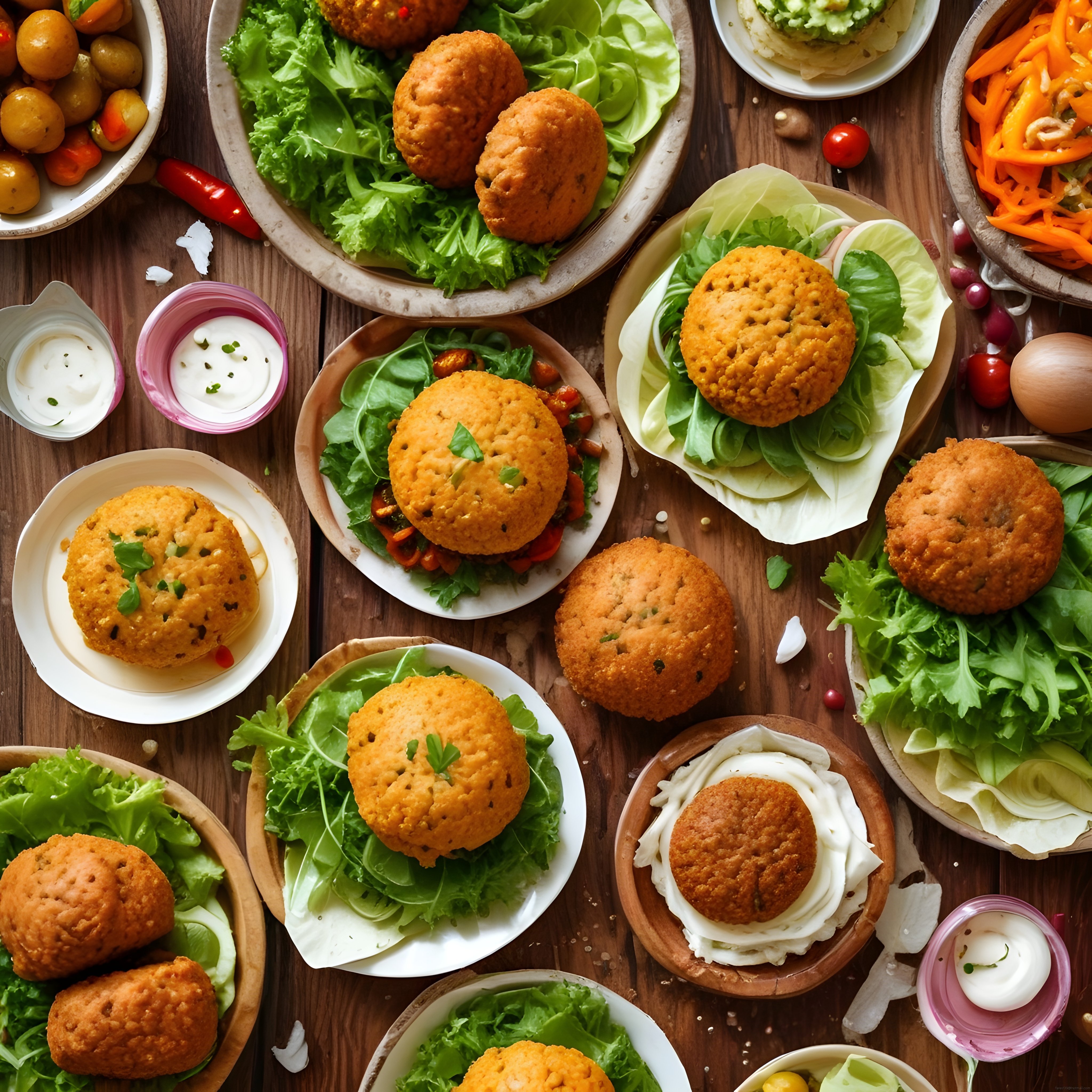 Renkli Vegan Köfte Çeşitleri ve Taze Yeşilliklerle Ahşap Masa Sunumu