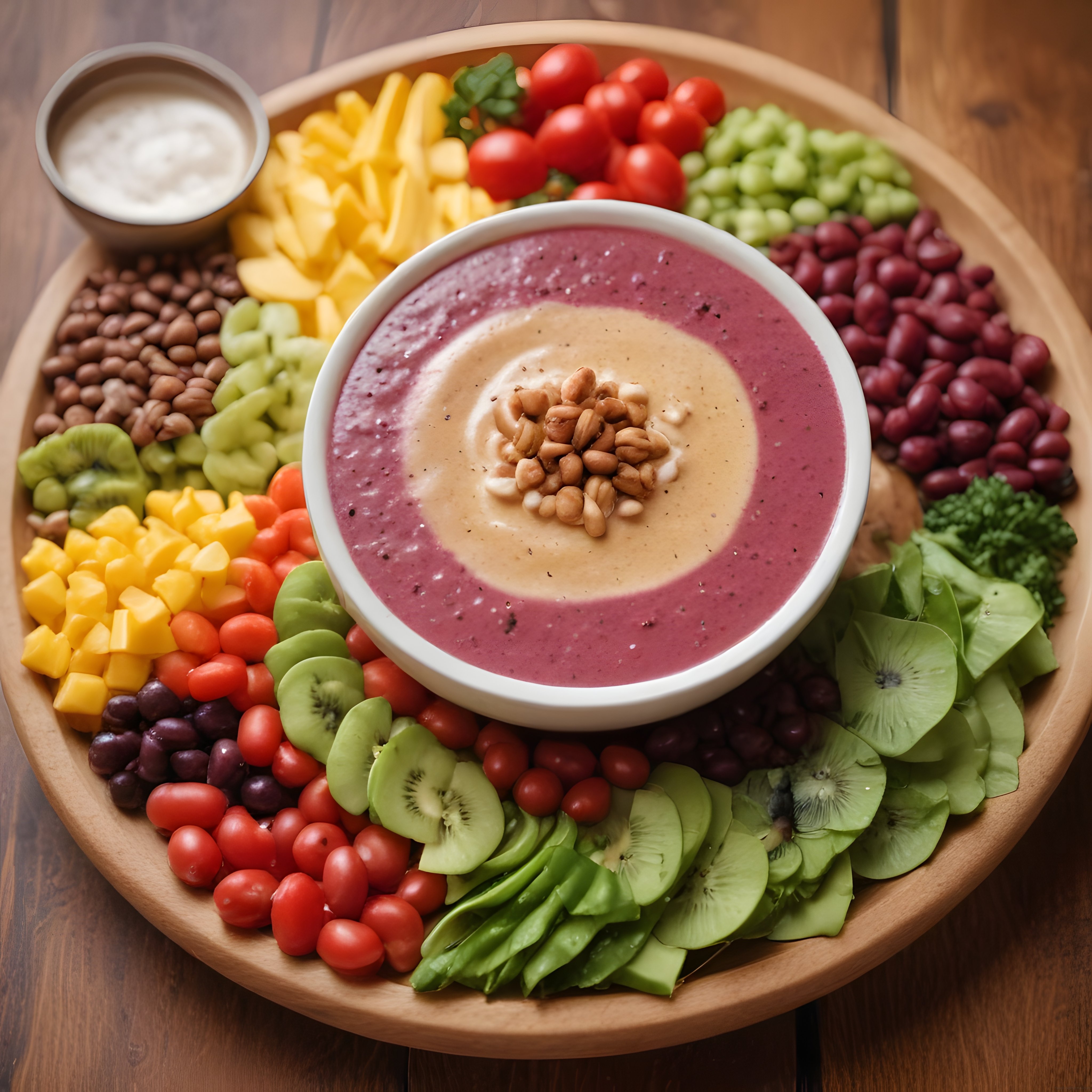 Renkli Vegan Sunum Tabağı: Dip Sos ve Taze Sebze Meyve Çeşitleri