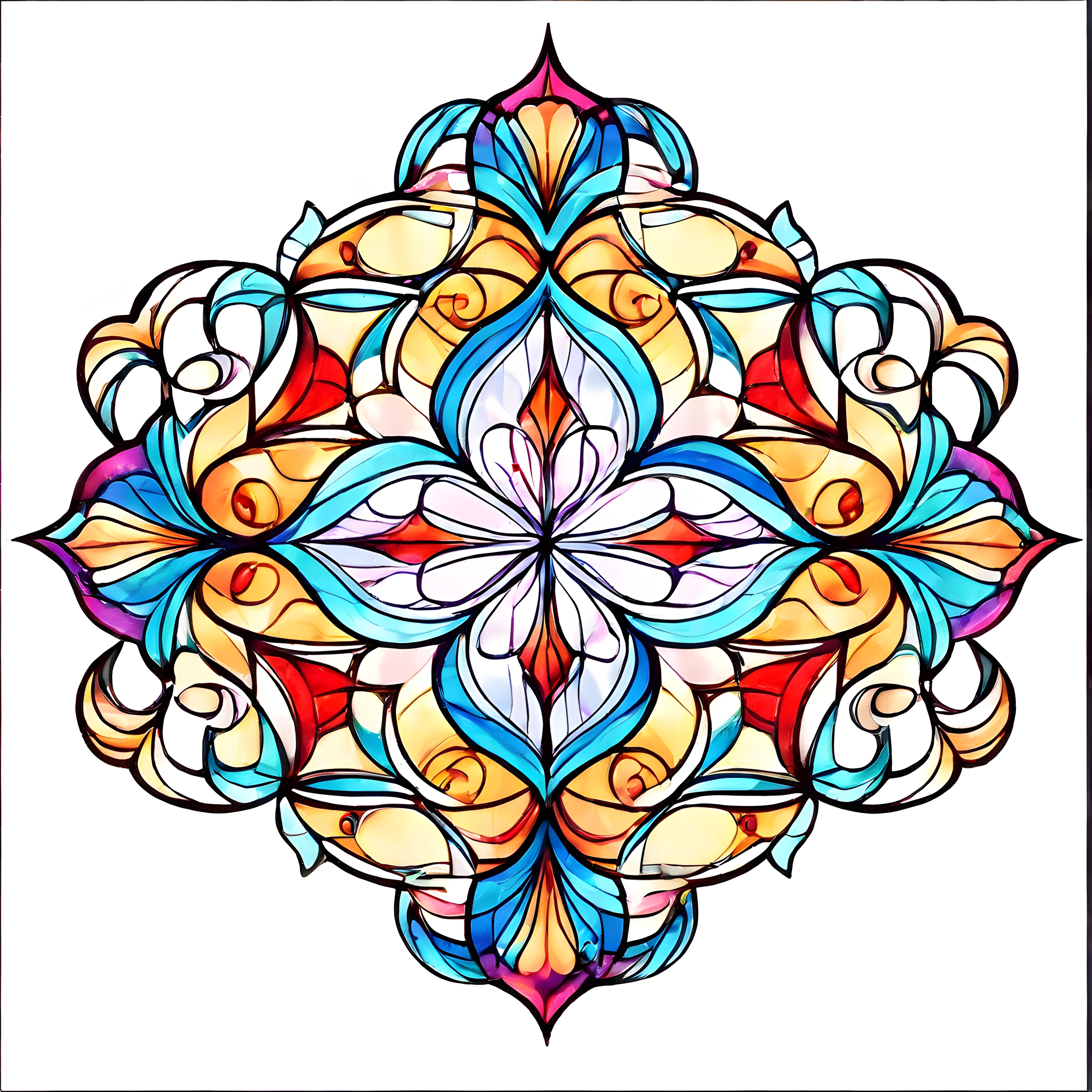 Renkli Vitray Stili Simetrik Mandala Deseni: Dijital Sanat Çalışması
