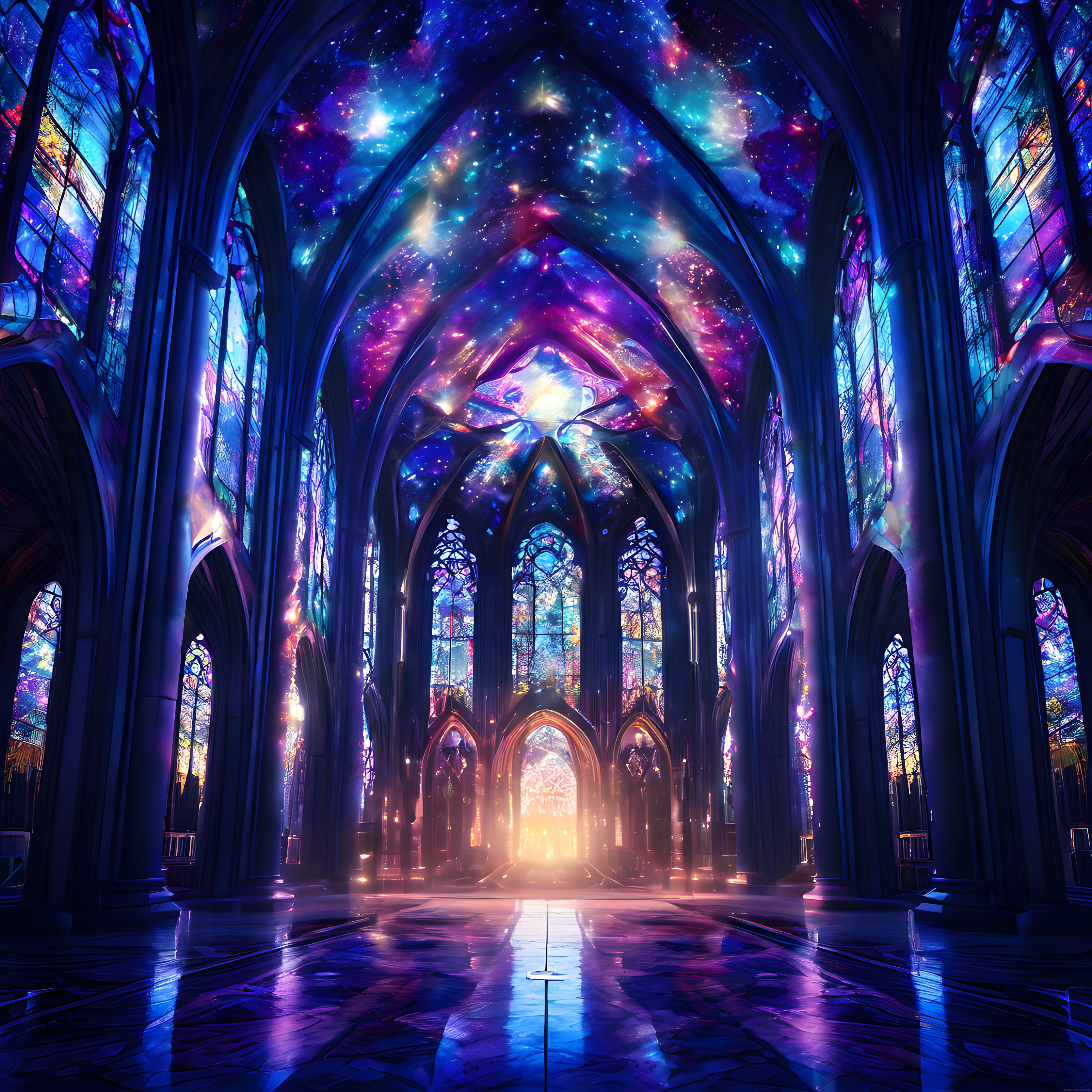 Renkli Vitrayları ve Galaksi Tavanıyla Büyüleyici Fantastik Gotik Katedral İçi