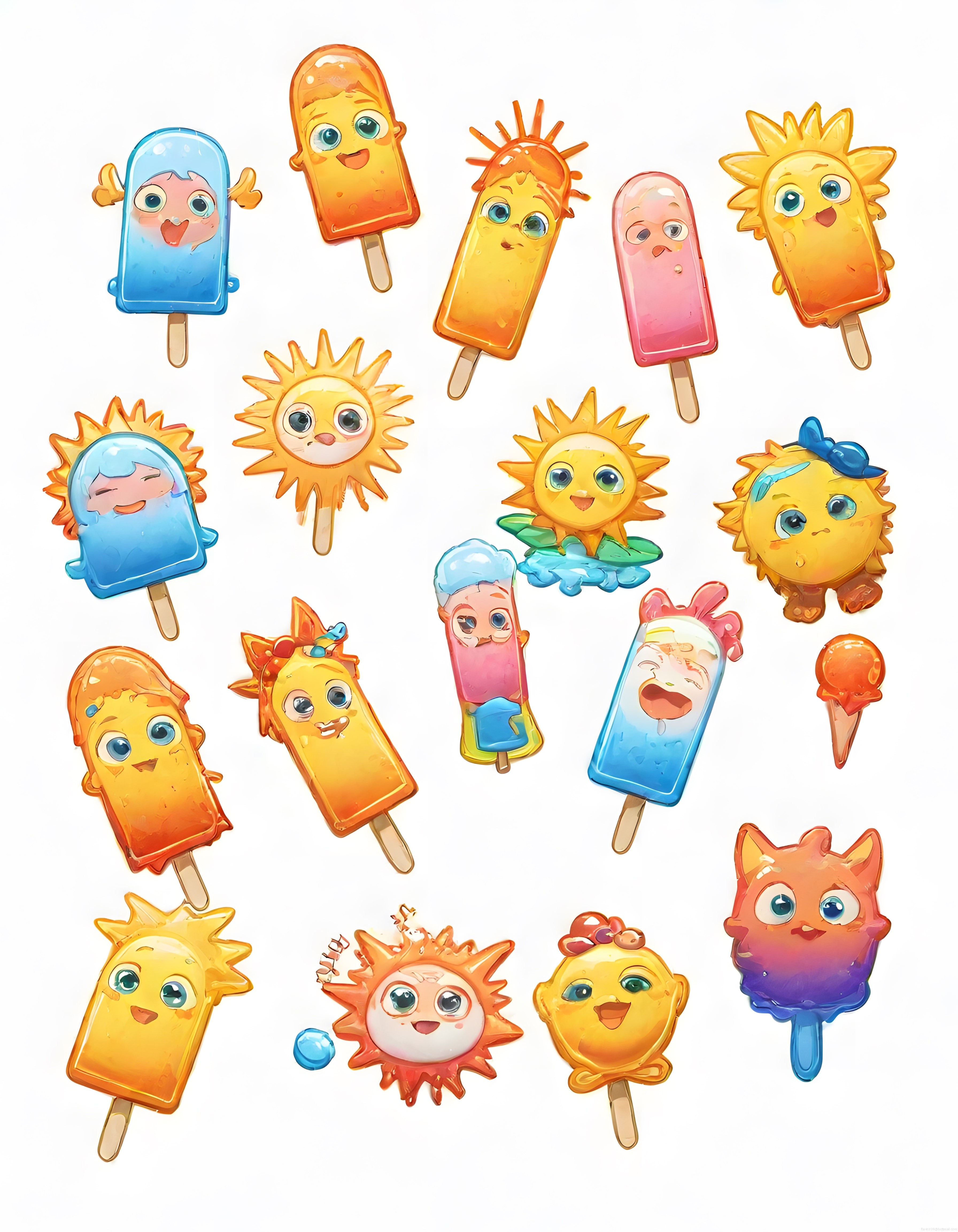 Renkli Yaz Dondurmaları ve Sevimli Güneş Karakterleri Animasyon Sticker Seti