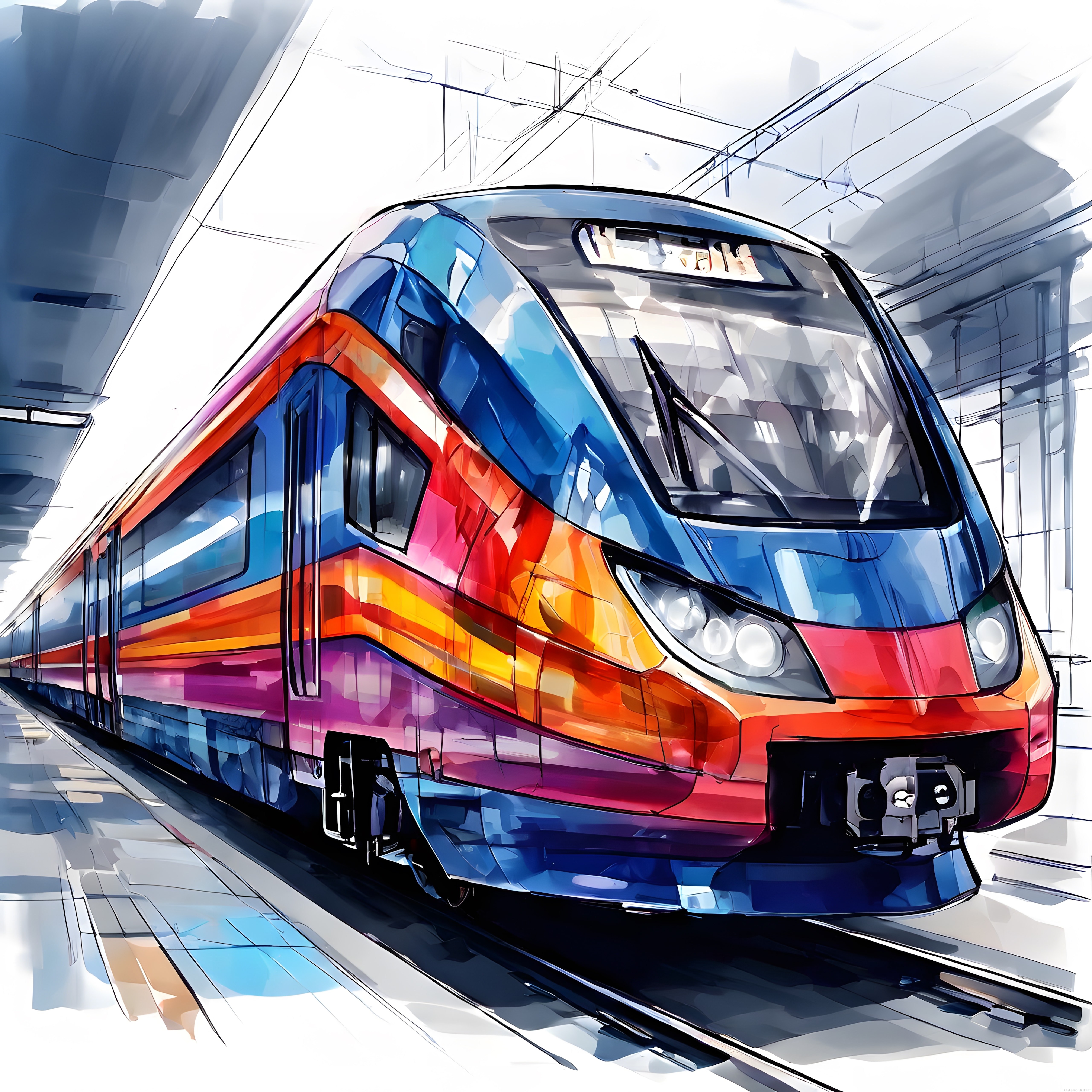 renkli yüksek hızlı tren dijital illüstrasyonu ve modern raylı sistem sanatı