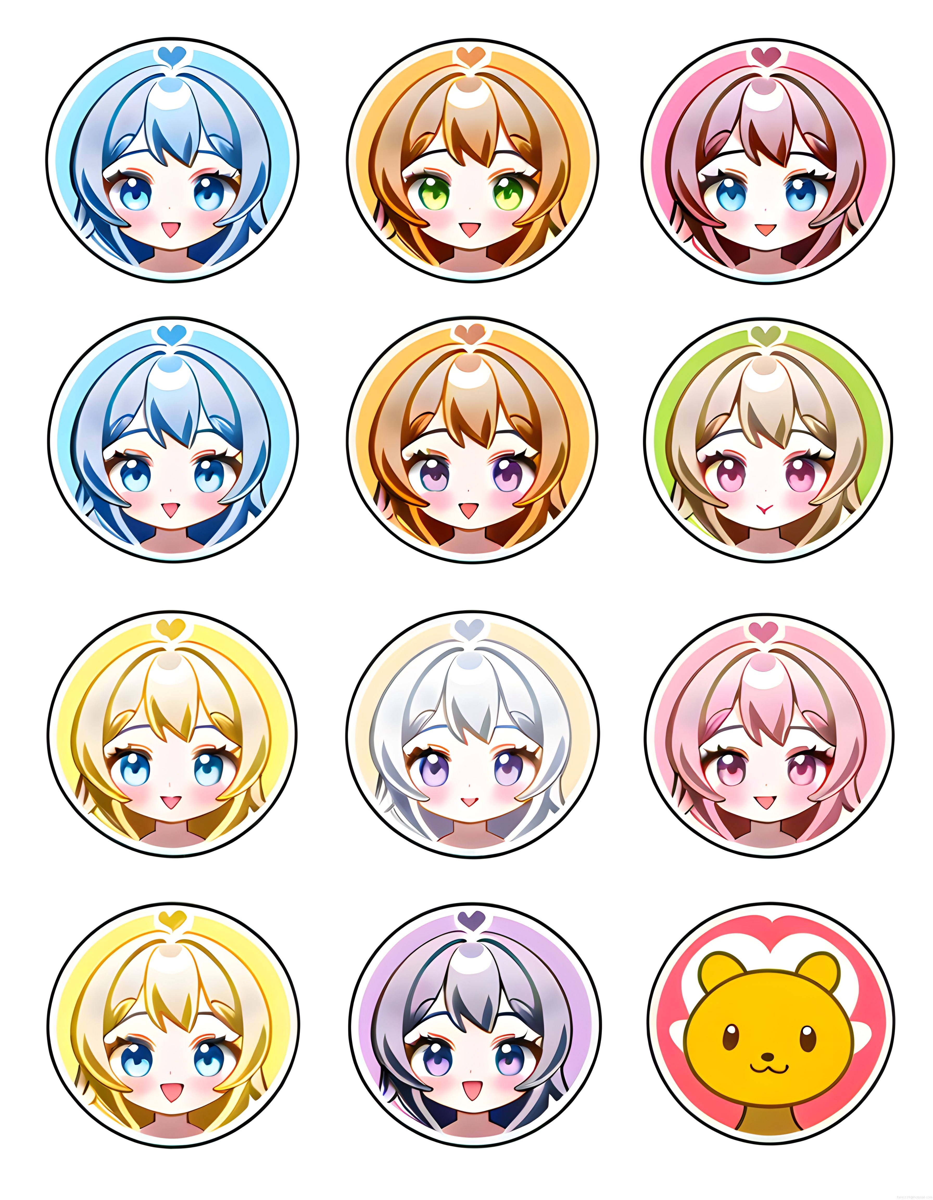 Renkli yuvarlak çerçeveli sevimli chibi anime kız karakter avatarları ve ayıcık