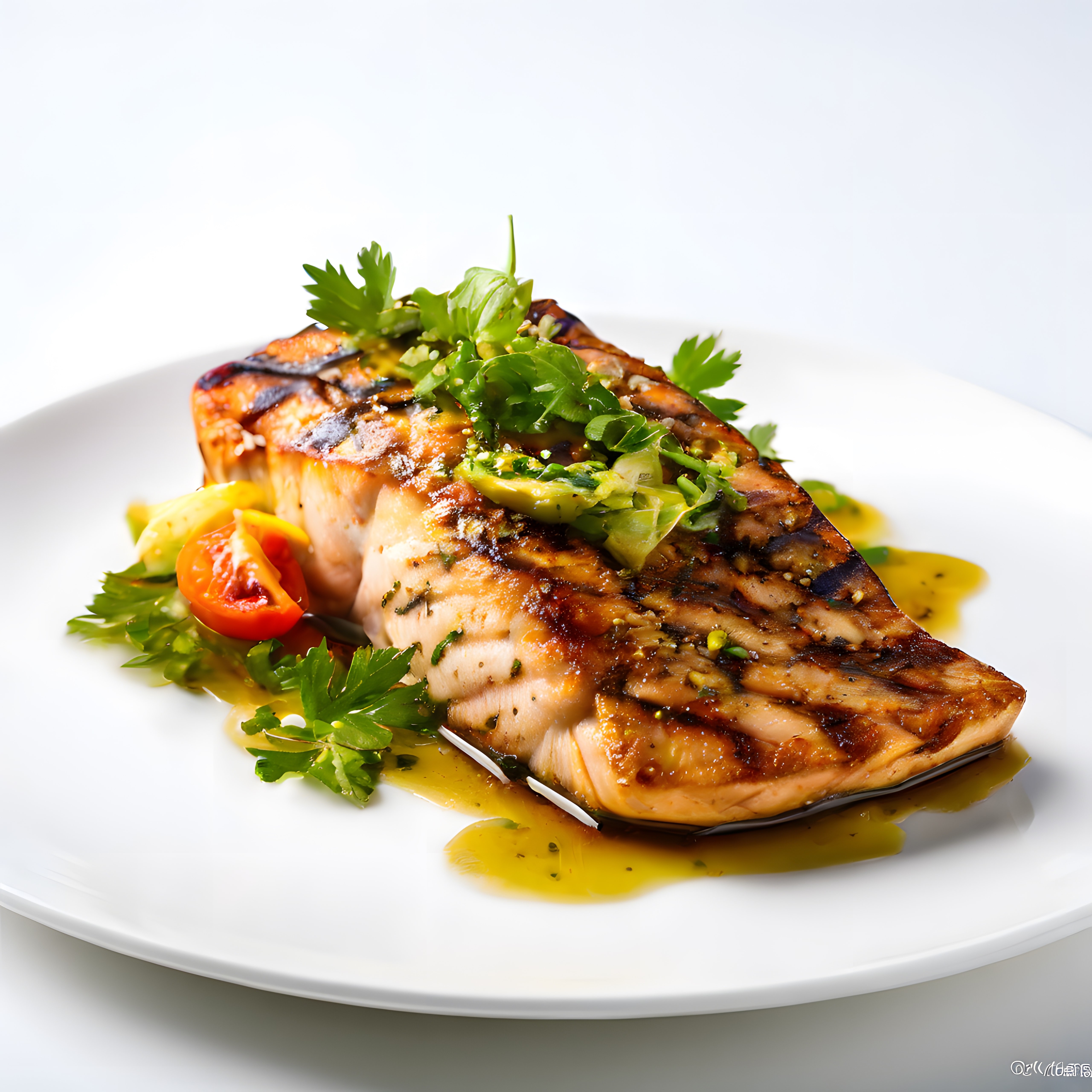 Restoran kalitesinde soslu ızgara somon fileto ve taze ot süslemesi