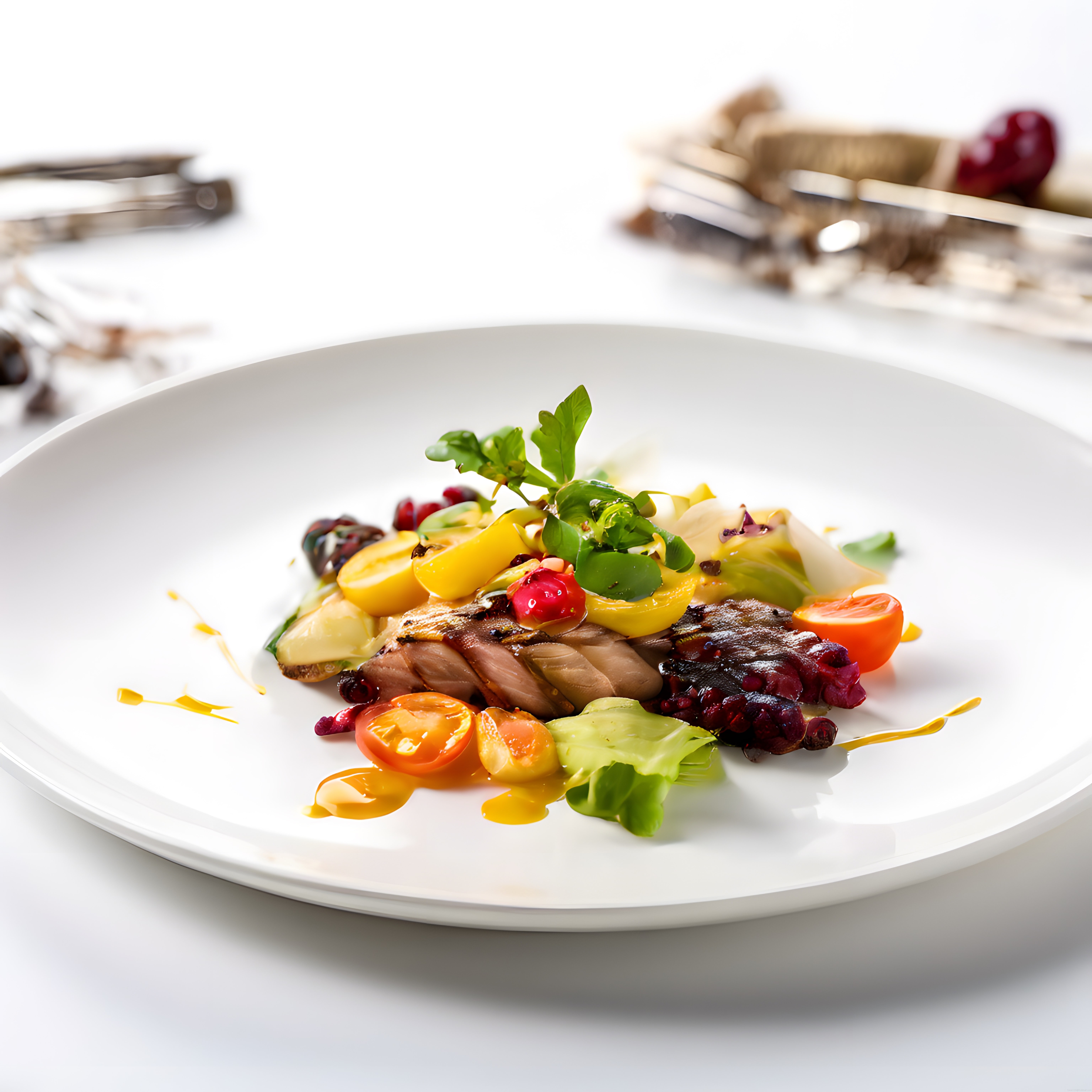 Restoran şıklığında et yemek sunumu ve renkli meyveli garnitür detayları