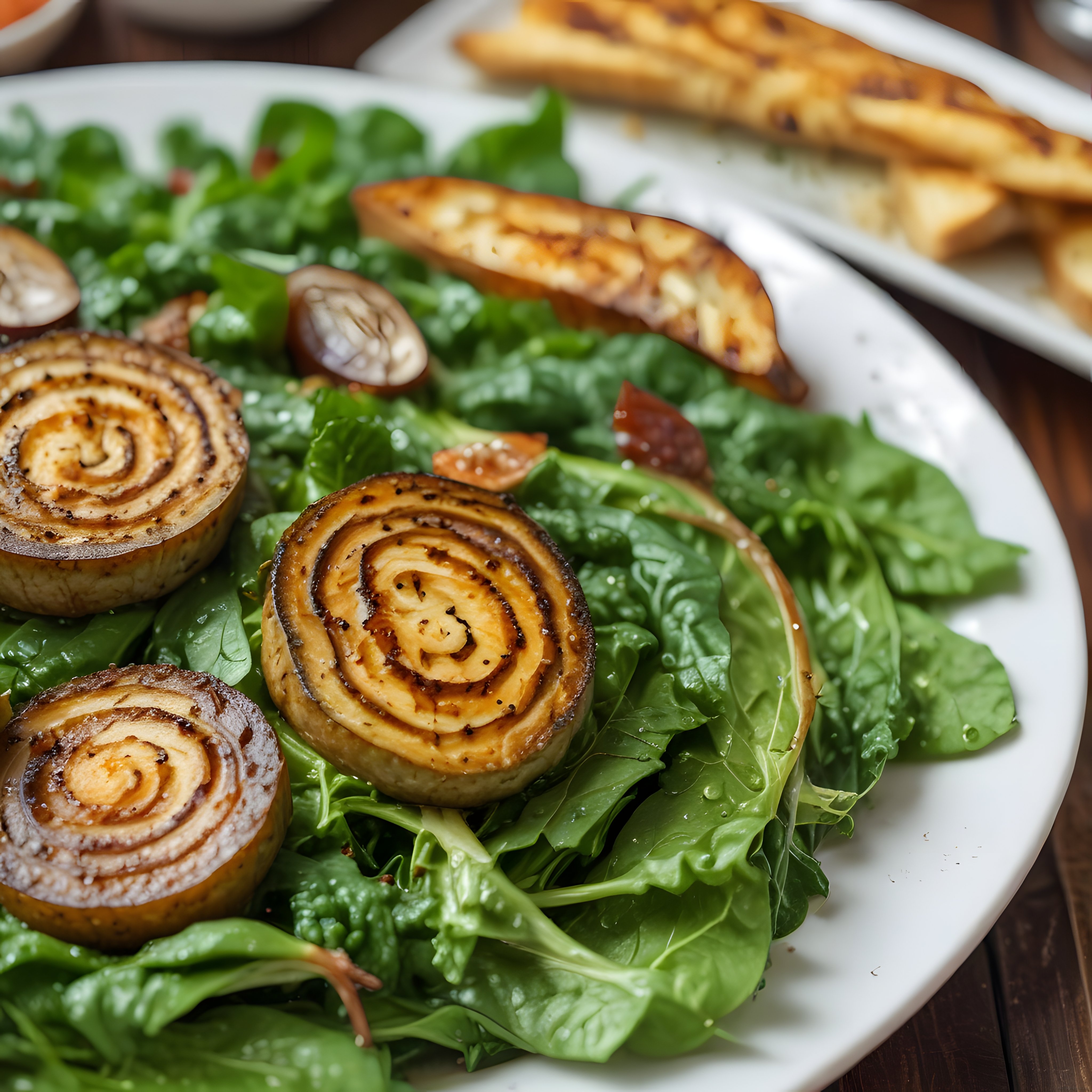 Restoran Sunumlu Ispanak Salatası ve Kızarmış Rulo Patates Tabağı