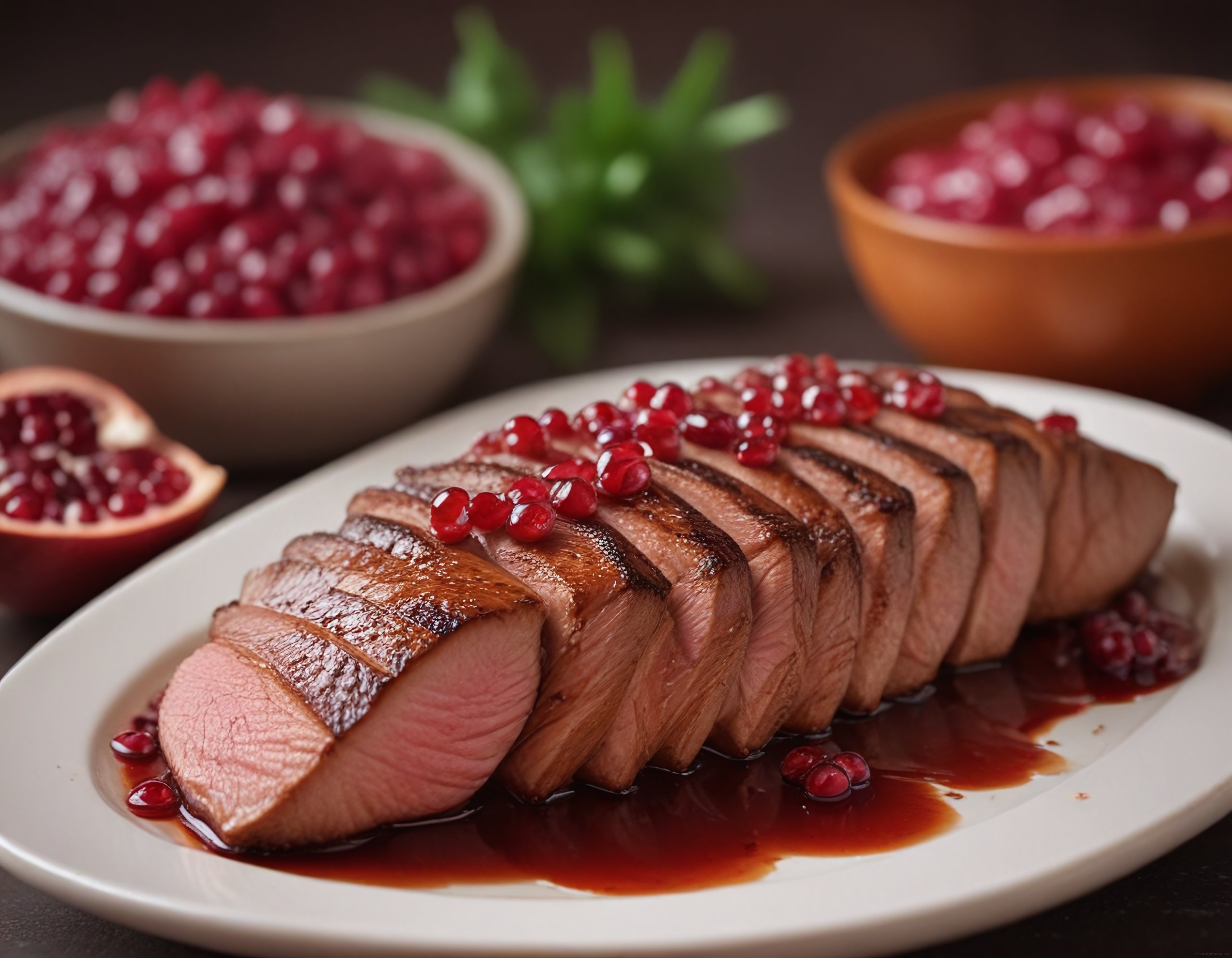 Restoran Usulü Nar Soslu Dilimlenmiş Ördek Göğsü Gourmet Tabak Sunumu