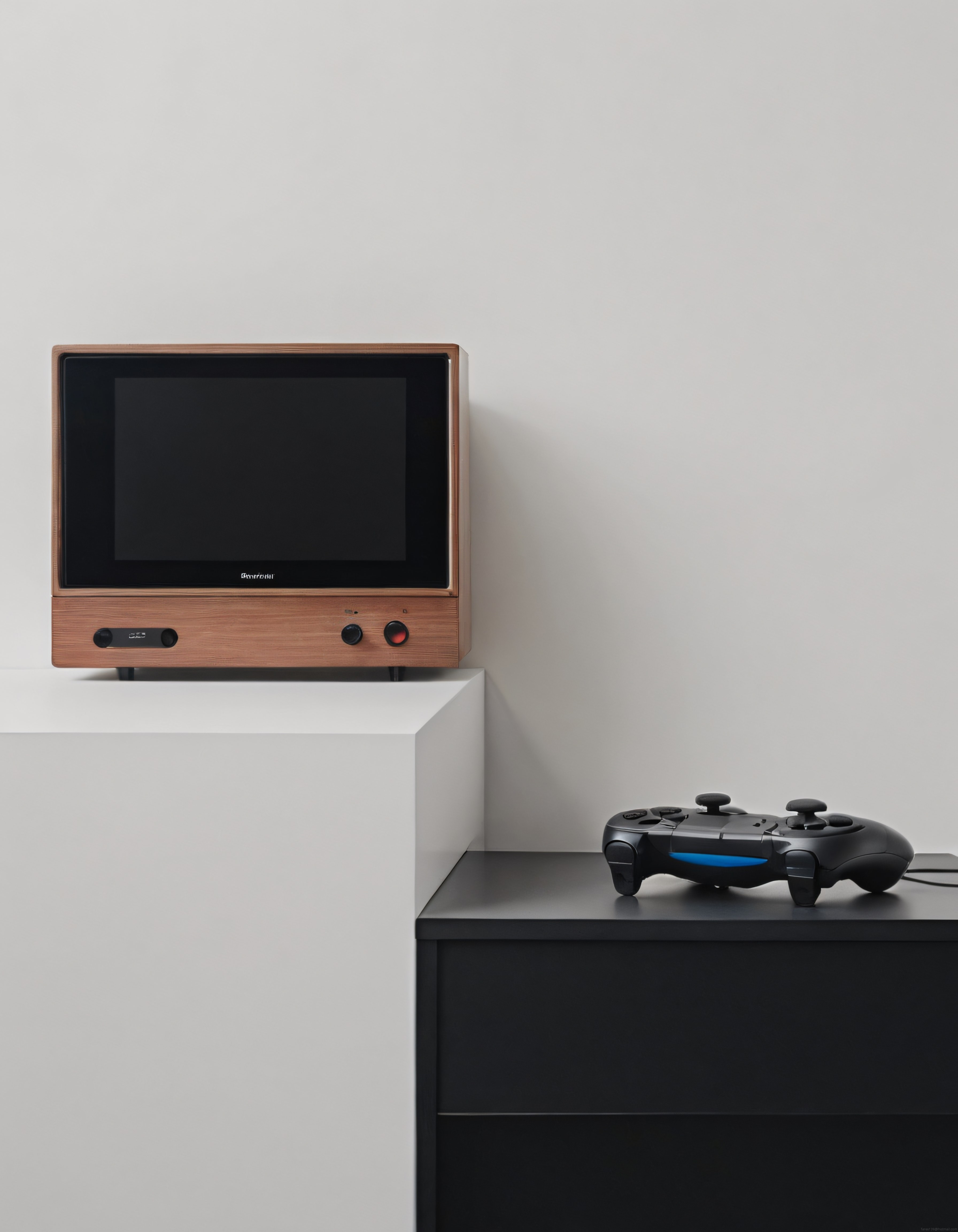 Retro ahşap televizyon ve siyah oyun kumandasıyla minimalist oyun köşesi