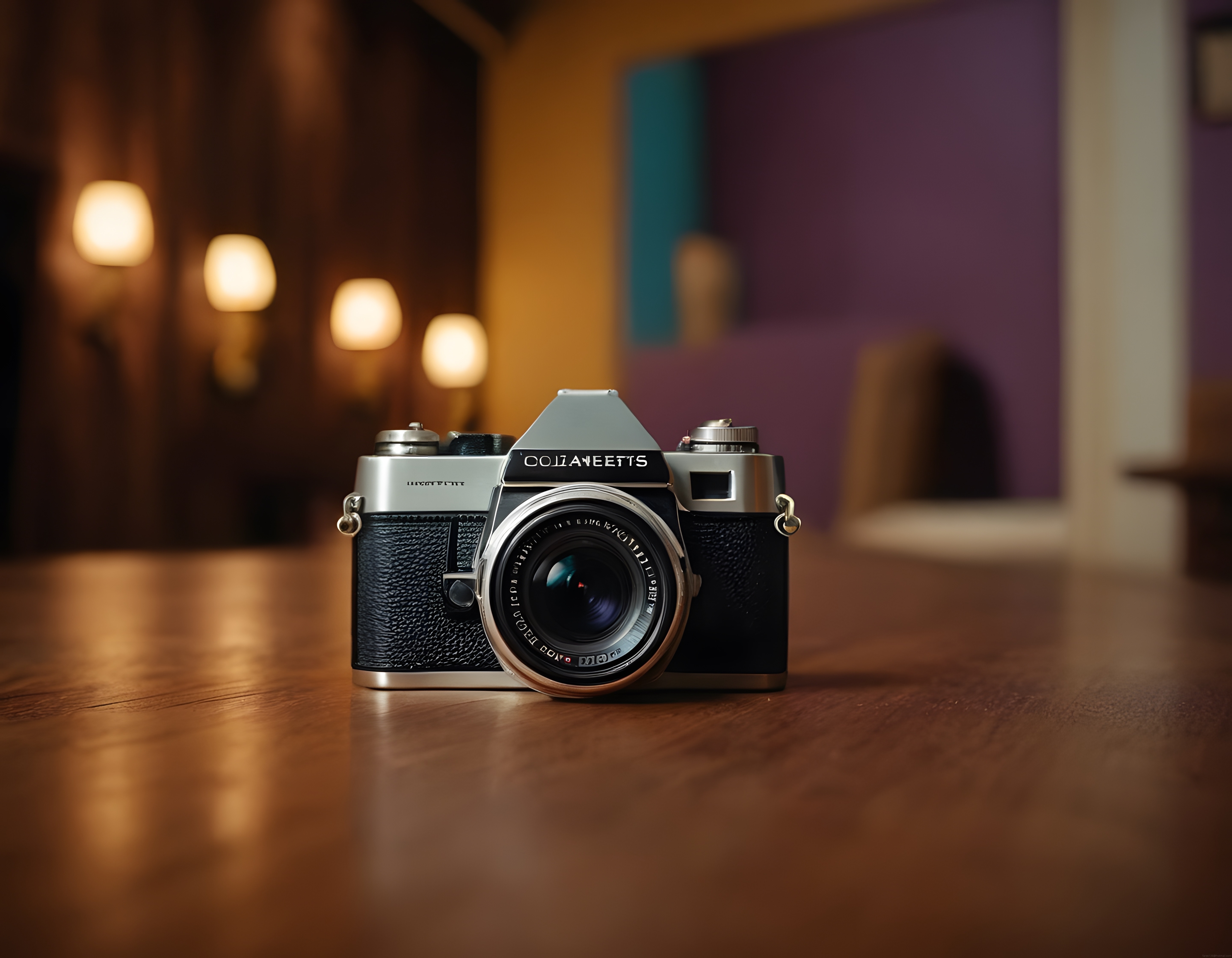Retro Analog Kamera, Ahşap Zemin ve Sıcak Bokeh Işıklarla Nostaljik Atmosfer