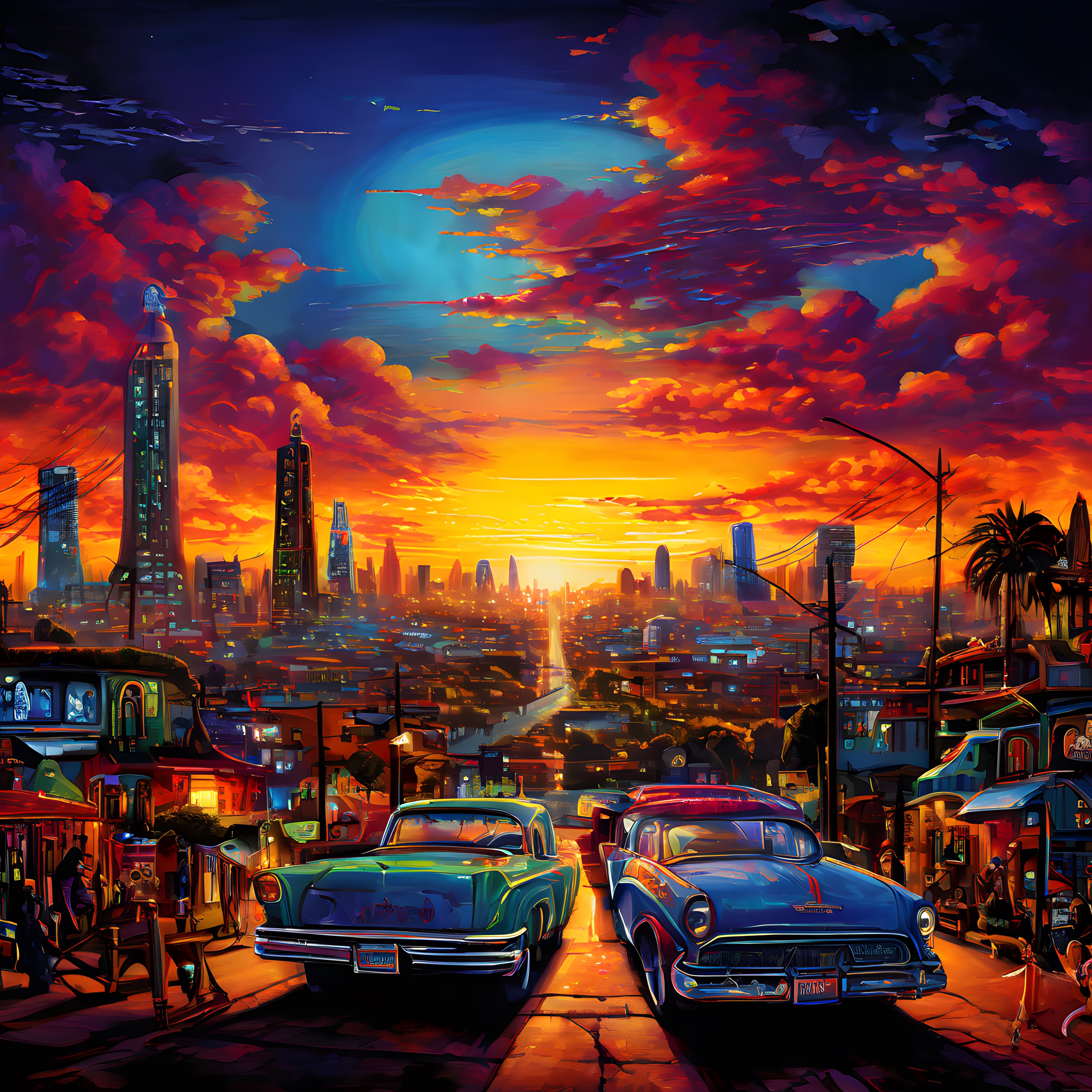 retro arabaların dramatik gün batımında dijital şehir manzarası illüstrasyonu retro arabaların dramatik gün batımında dijital şehir manzarası illüstrasyonu