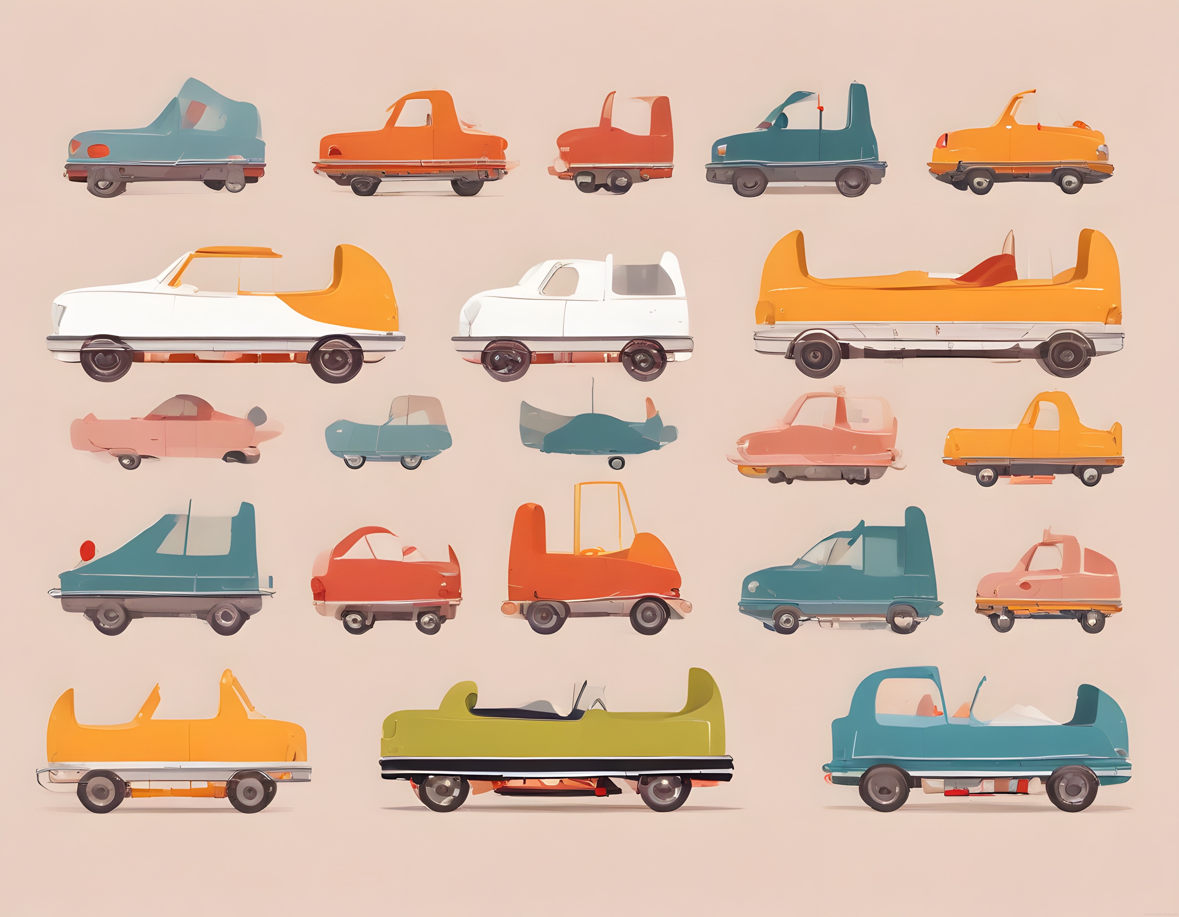 Retro çizim tarzında vintage mikro otomobiller ve klasik mini araç illüstrasyonu