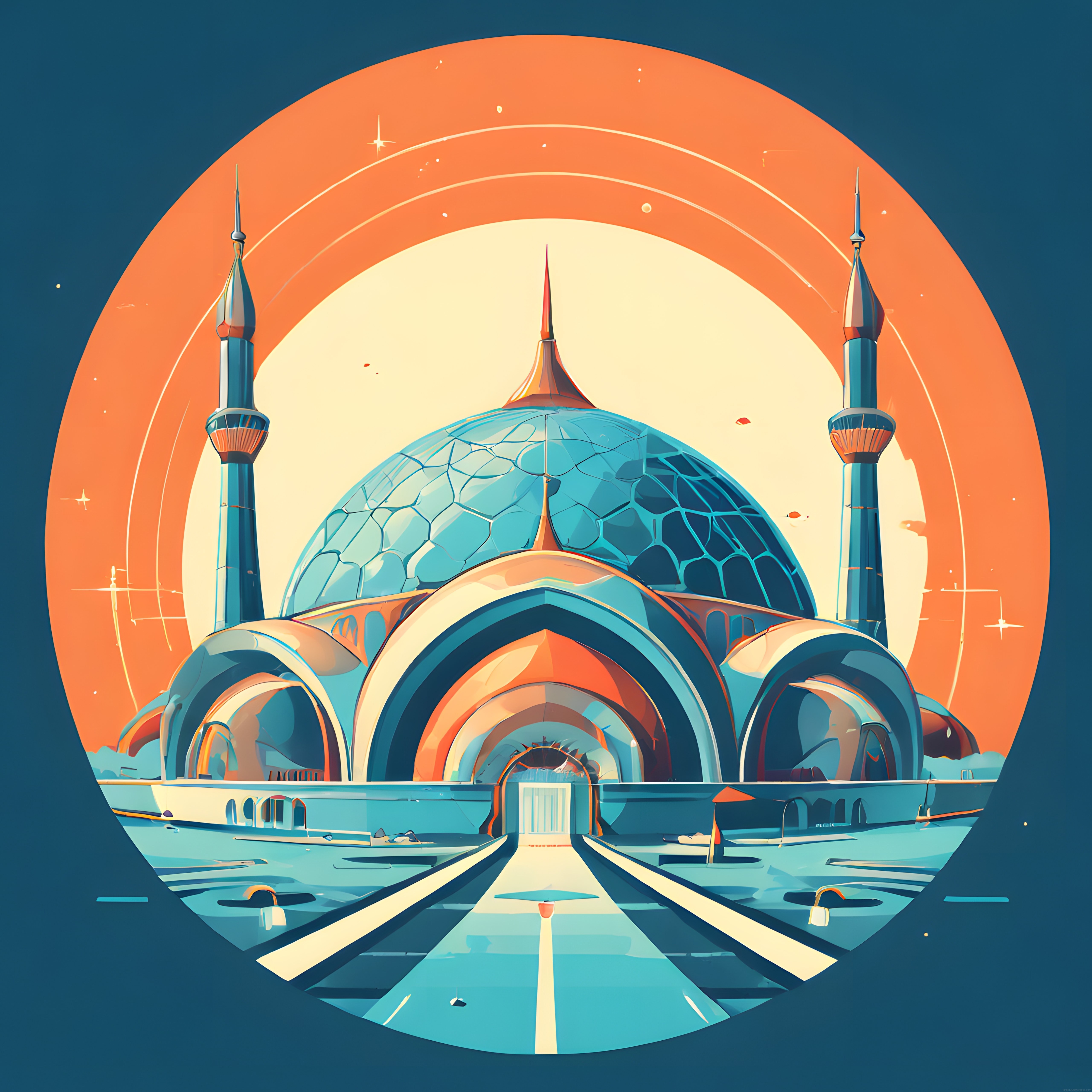 Retro-futuristik cami illüstrasyonu: Turuncu gezegen ışığında turkuaz kubbeler