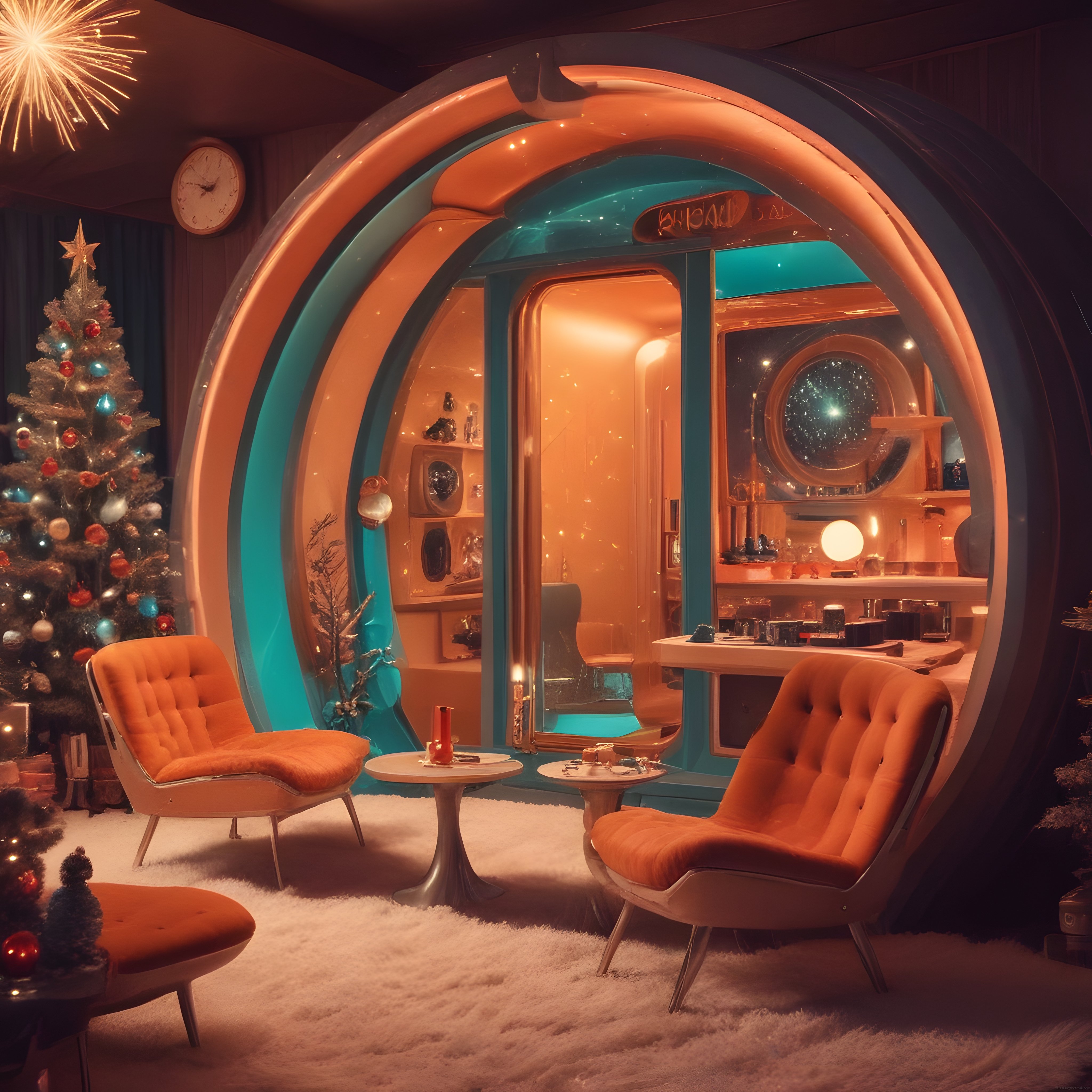 Retro fütüristik yılbaşı evi: Turkuaz ve turuncu tonlarda nostaljik uzay mekanı