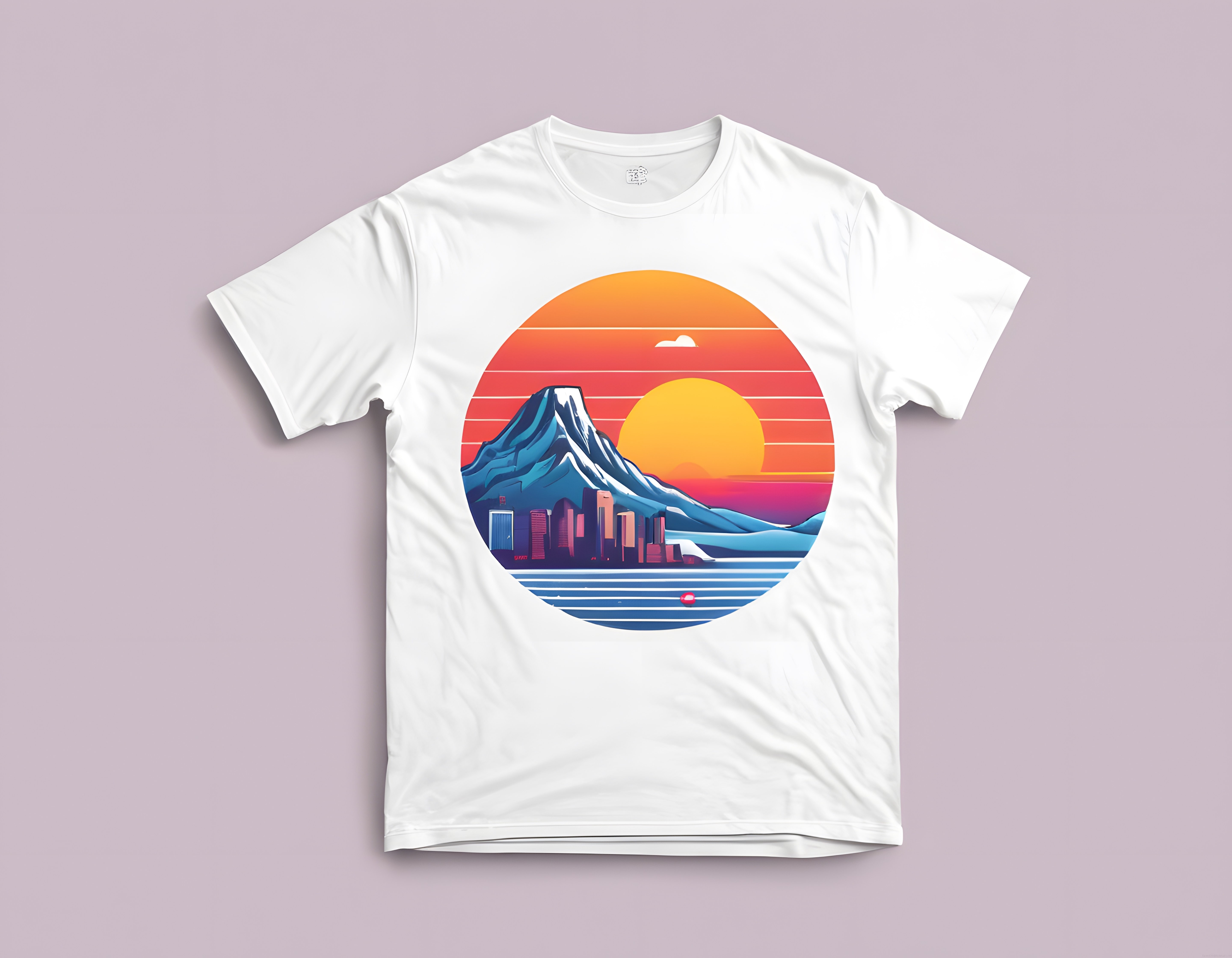 Retro Gün Batımı ve Karlı Dağlı Vintage Beyaz Tişört Baskısı