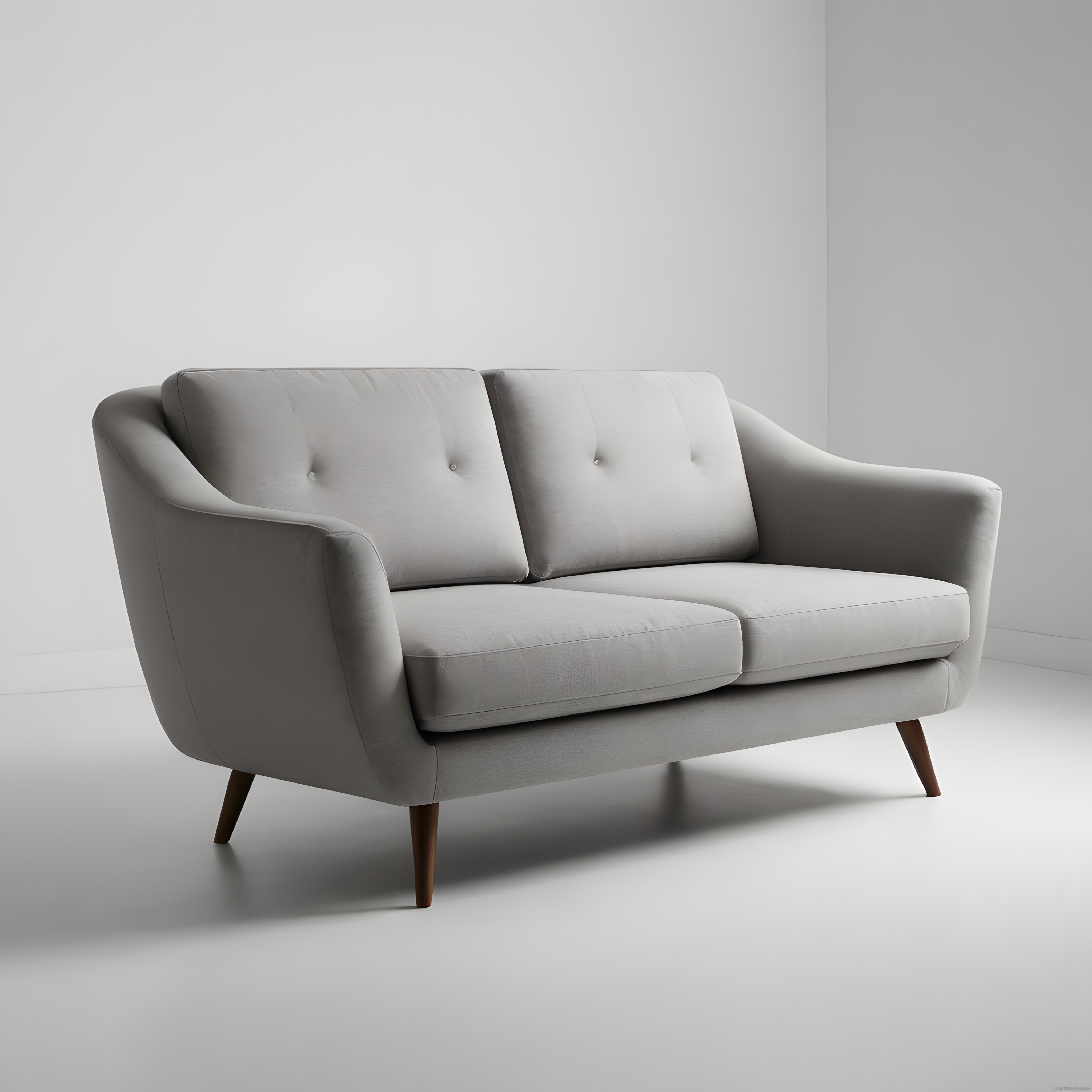 Retro-modern tarzda gri kumaşlı iki kişilik kanepe ve minimalist iç mekan detayı