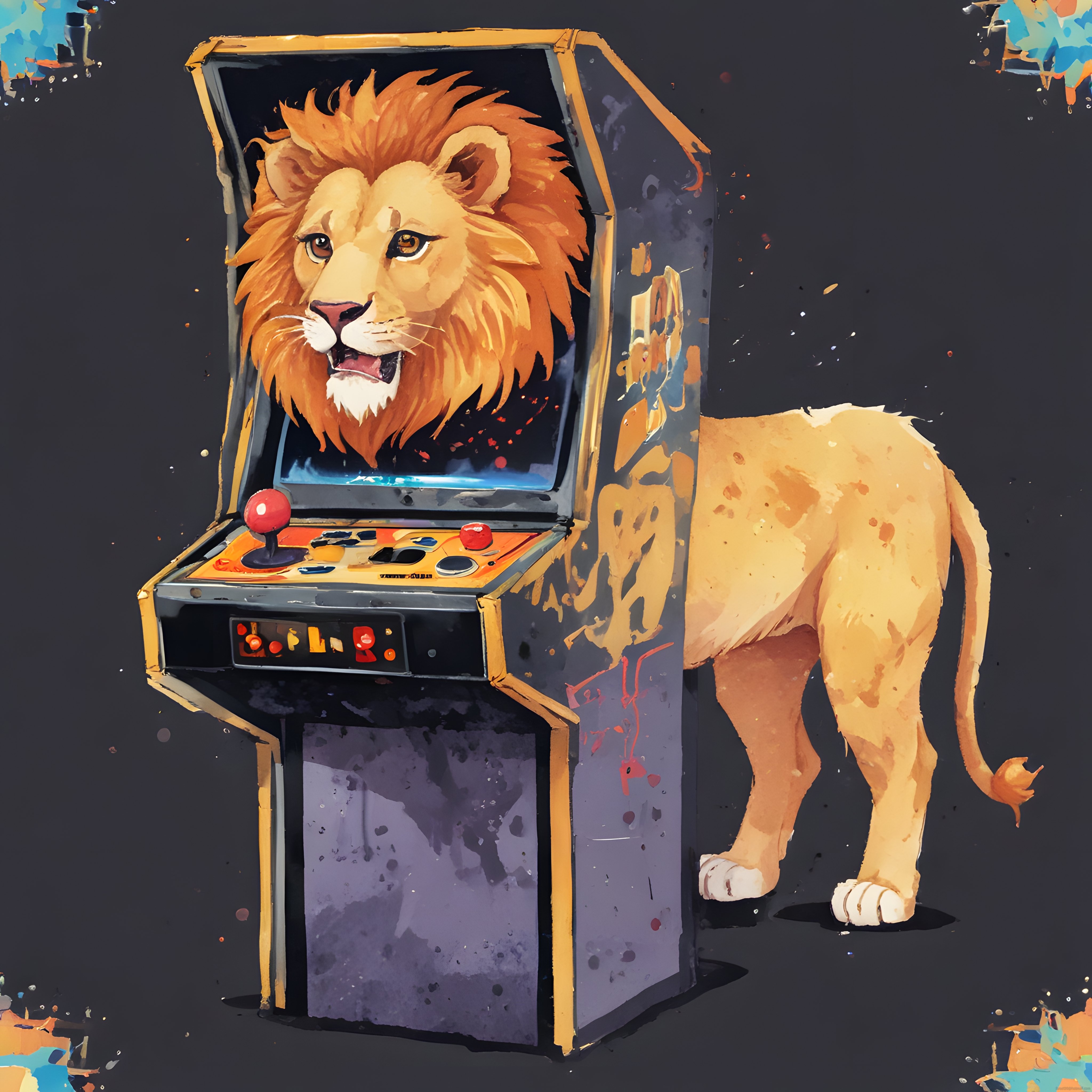 Retro Oyun Makinesiyle Bütünleşen Aslan: Nostaljik ve Sürreal Dijital Sanat