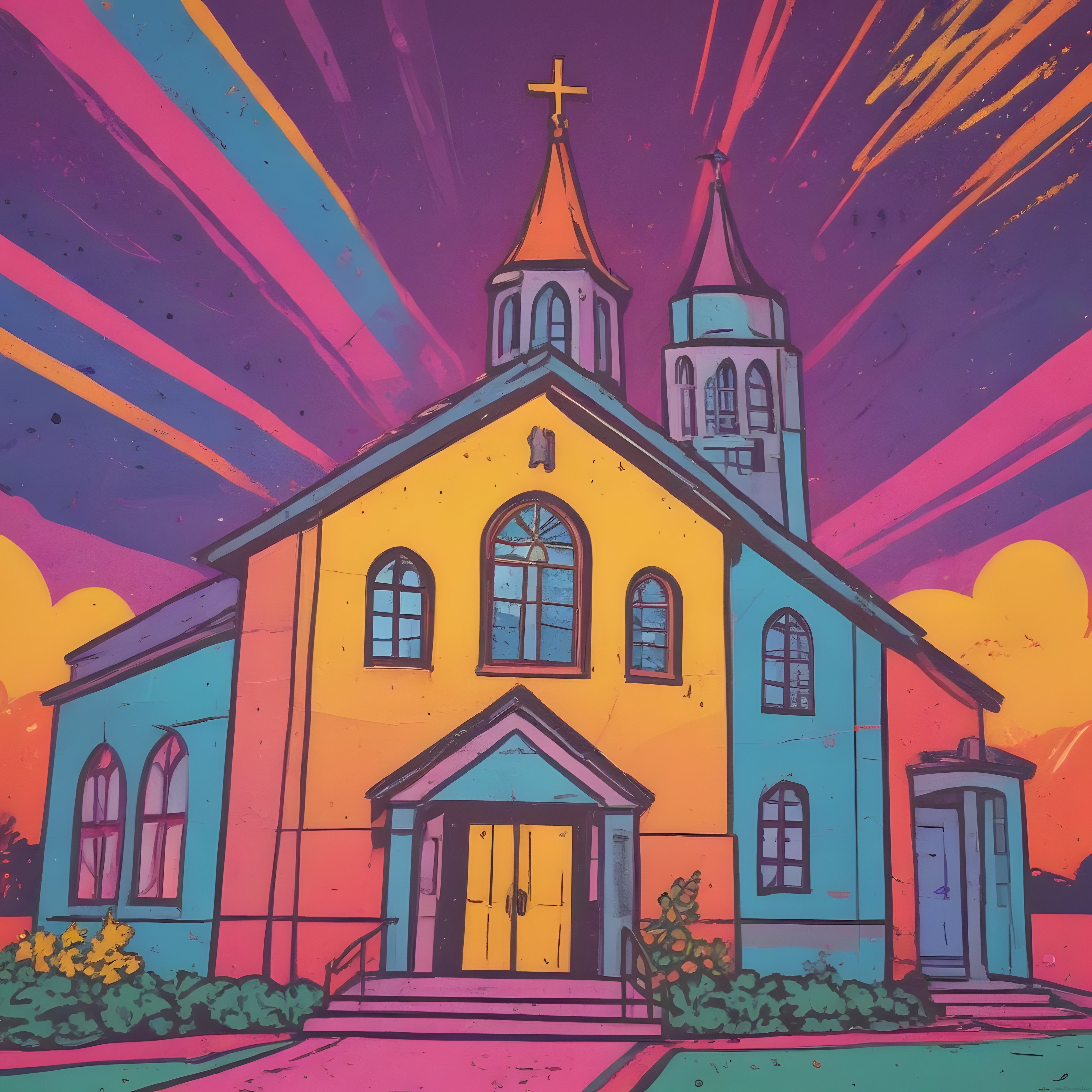 Retro Pop Art Kilise İllüstrasyonu: Neon Renkler ve Sürreal Gökyüzü