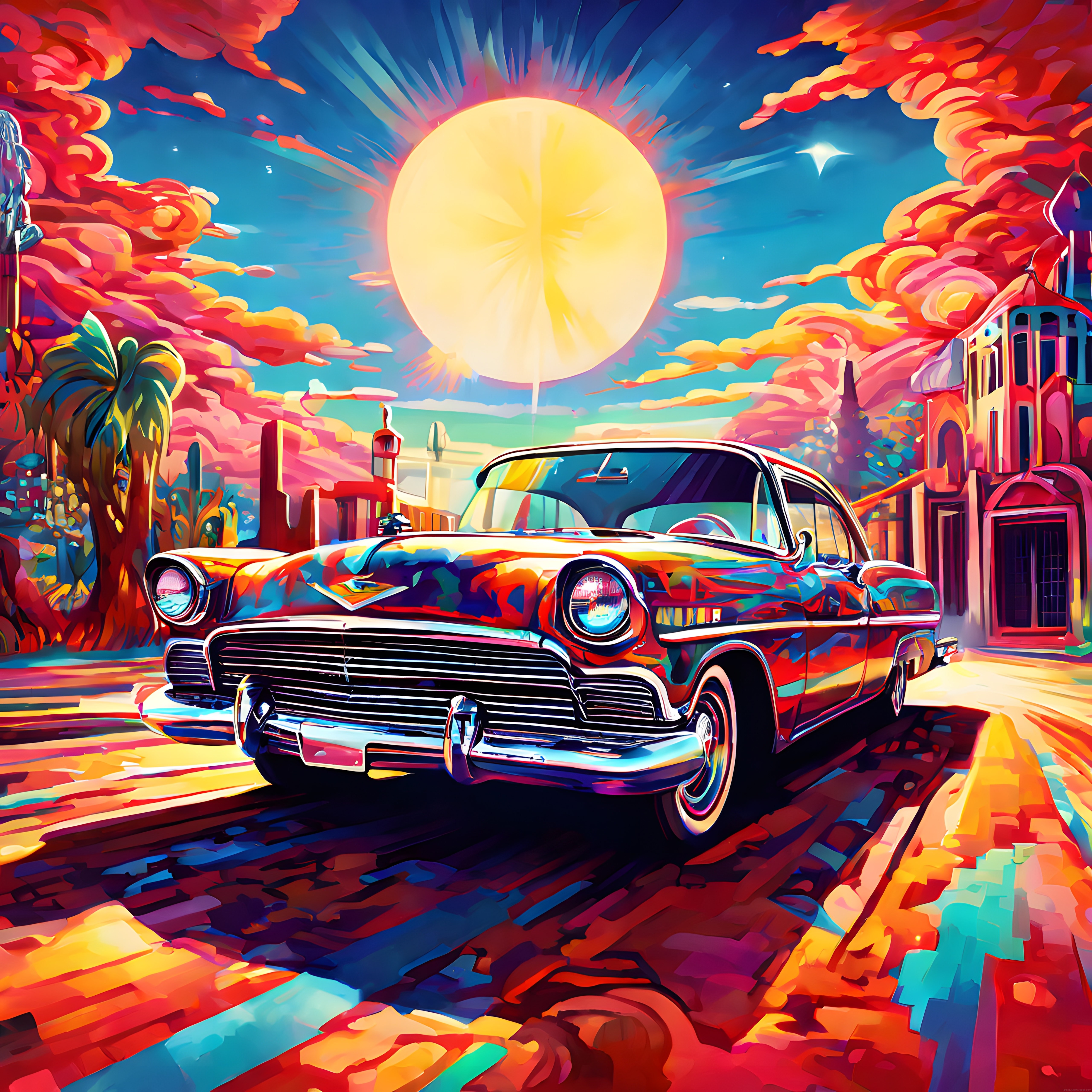 Retro Pop Art Stili Gün Batımı Sahnesinde Klasik Amerikan Otomobili