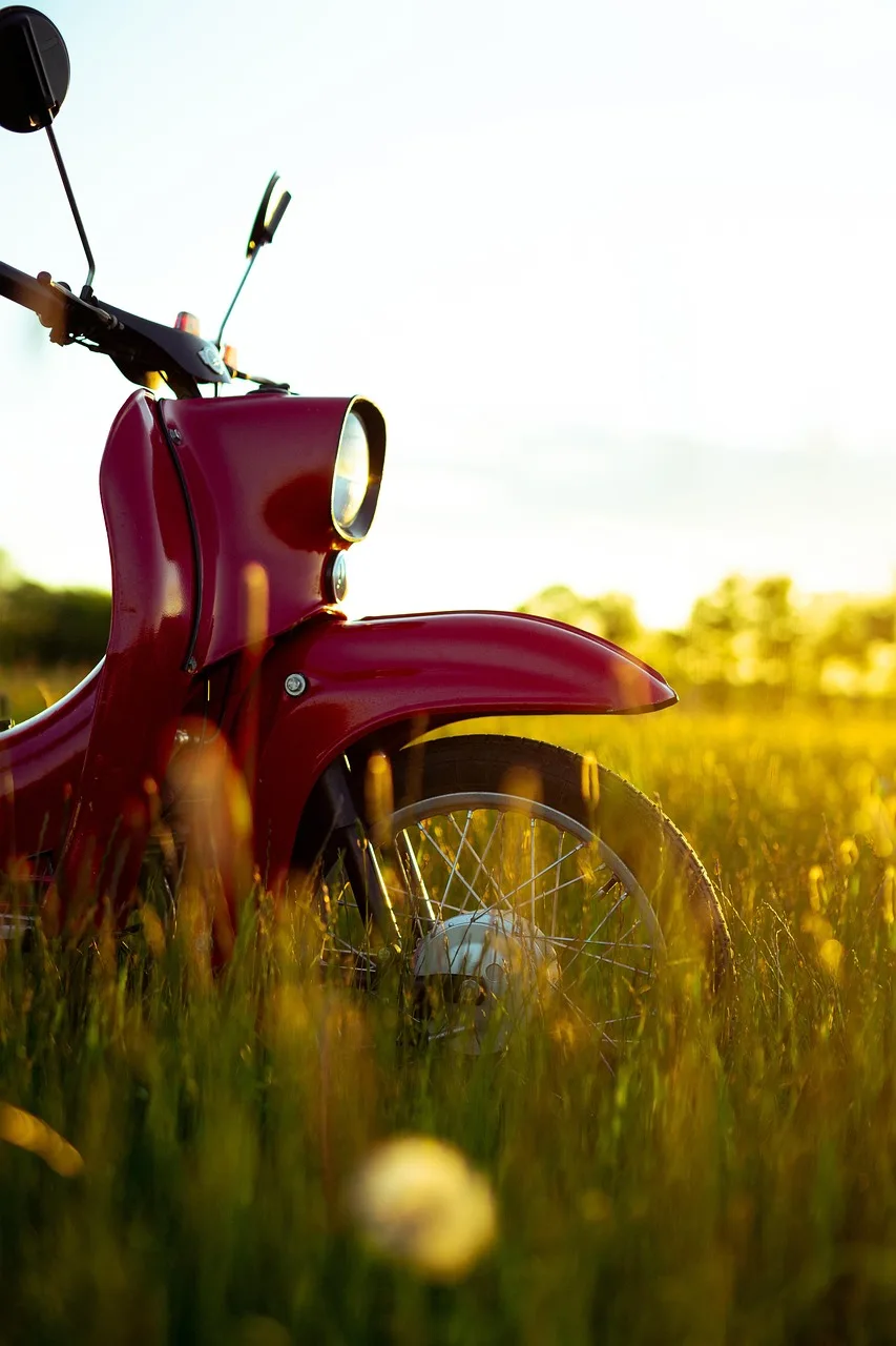 retro scooter gün batımında kır çimenleri üzerinde