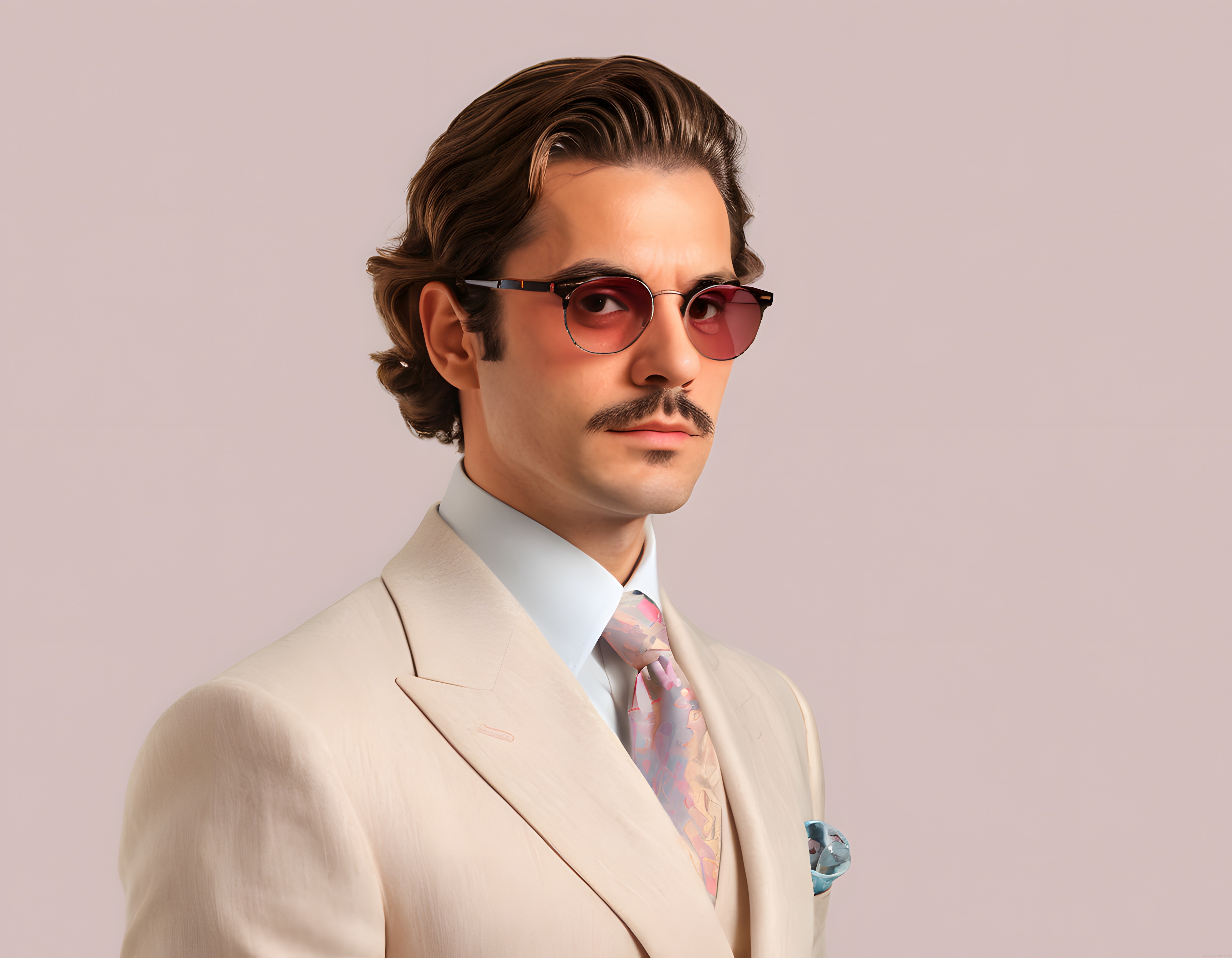 Retro Tarz Bıyıklı Erkek Moda Portresi: Krem Takım ve Renkli Güneş Gözlüğü