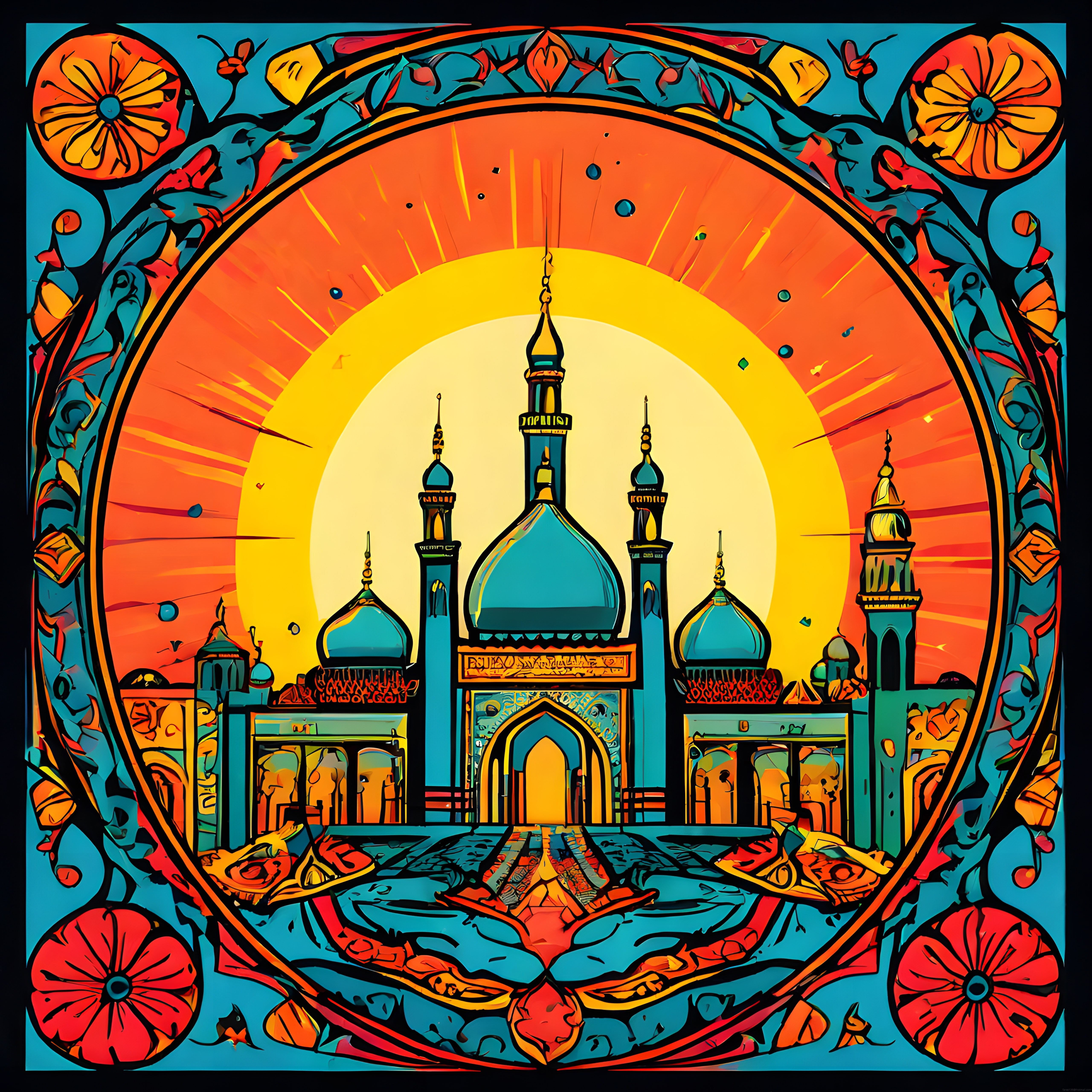 Retro tarzda çini desenli çerçeve içinde turkuaz kubbeli cami ve gün batımı
