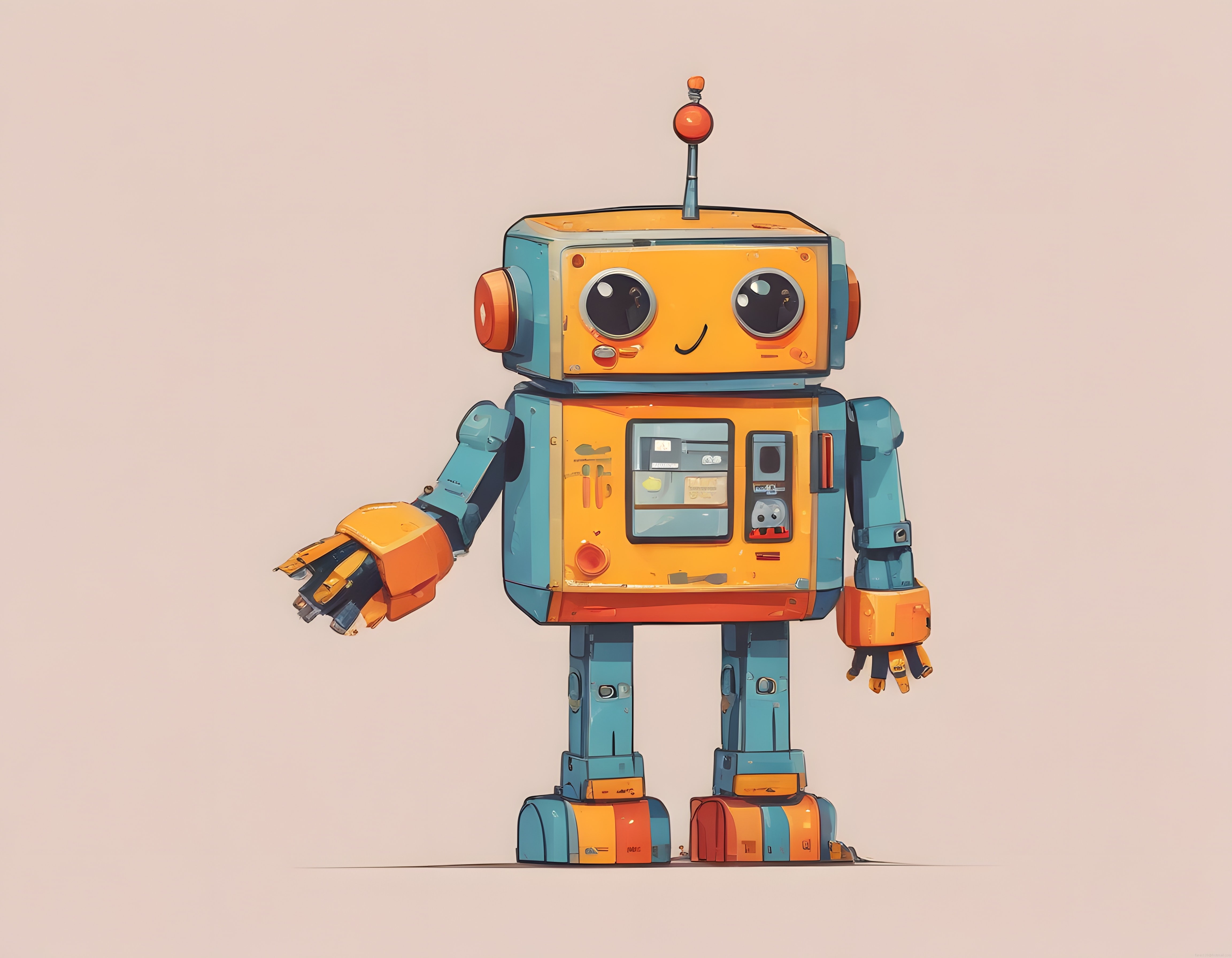 Retro Tarzda Sevimli Turuncu Mavi Vintage Robot Çizimi